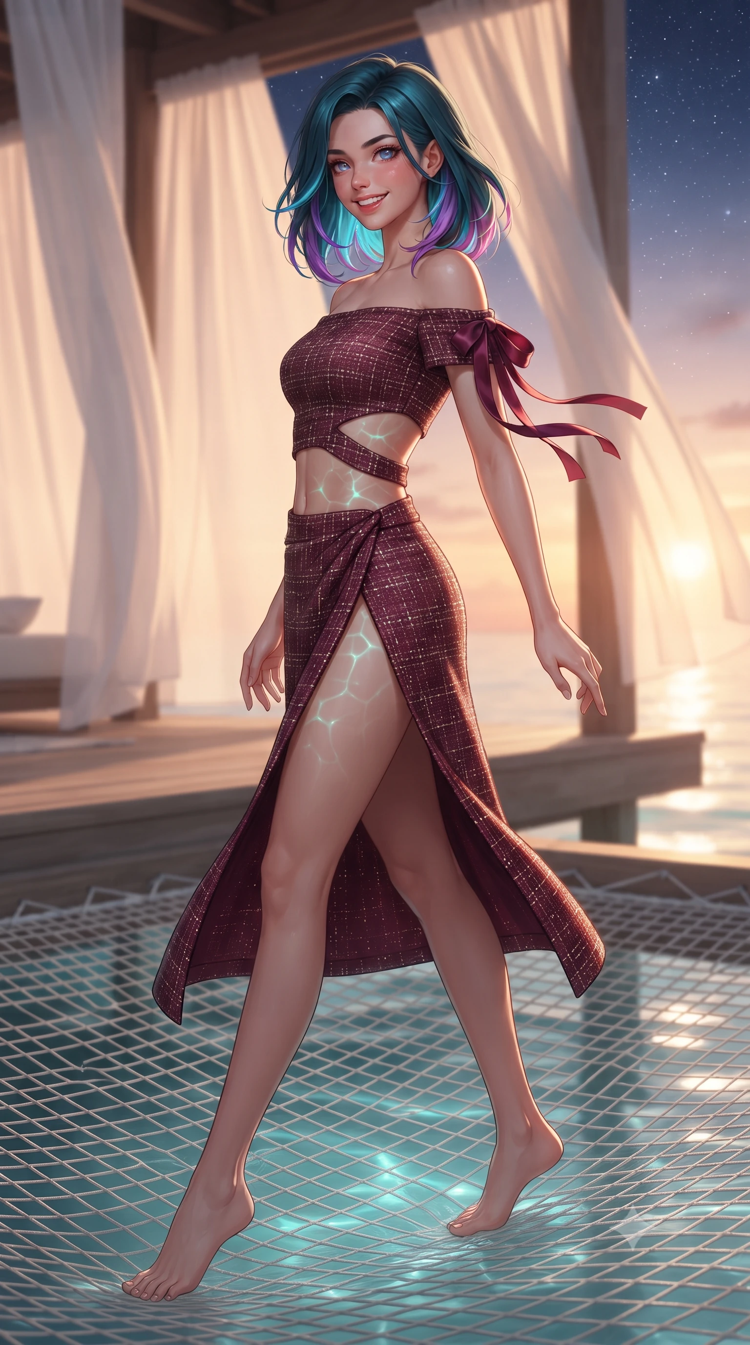 score_9, masterpiece, best quality, ultra-detailed, high-budget anime keyframe, editorial fashion photography, tasteful artistic composition, Caucasian woman. low angle full-body shot from head to toe showing her feet, filling the entire 9:16 vertical frame with her statuesque presence, stretching her vertical silhouette. executing a slow, graceful pivot turn as her skirt sways around her slender legs, glancing back with an enchanting, teasing sensual expression while twisting her slender torso in an alluring S-curve on the overwater netting, glowing lagoon water caustics dancing across her flat midriff and curves. The background shows a soft-focus billowing white outdoor linen curtains softened in private overwater retreat shallow focus. She has an exceptionally tall and slender model-like 8.5-heads proportion, an ultra-slim waist, a flat toned midriff, narrow delicate ribcage, and beautifully sculpted feminine hips creating a graceful, slim hourglass silhouette without any bulky heaviness, with impossibly long slender legs. sharp v-shaped jawline, high-bridge nose, intricate jewel-like sparkling eyes with depth, thick eyelashes, glossy parted lips with a natural peach sheen, bright cheerful beaming smile with an enchanting and coquettish sensual glint, exuding both youthful cute charm and seductive allure, flawlessly proportioned anatomical accuracy, strict slender model proportions, natural body alignment, perfectly sculpted long slender limbs, ultra-slim waistline, clean dynamic posture without body distortion. wearing an alluring off-the-shoulder crop top with asymmetrical side-torso cutouts and a high-slit wrap skirt in Franschhoek vineyard pinotage burgundy and oak honey, woven from structured British tweed with subtle metallic flecks, finished with satin ribbon ties at the shoulders fluttering in the gentle breeze, the precision-cut side openings and low-back scoop framing her graceful spine and the sensual sweep of her slim, toned hips. bathed in the warm radiant 2800K tropical sunset glow transitioning into star-filled Indian Ocean night. ultra-reflective glossy finish, specular highlights, rich textural contrasts, high-contrast stereoscopic depth, volumetric dynamic lighting, 2k, ultra detail, master piece, 9:16 ratio