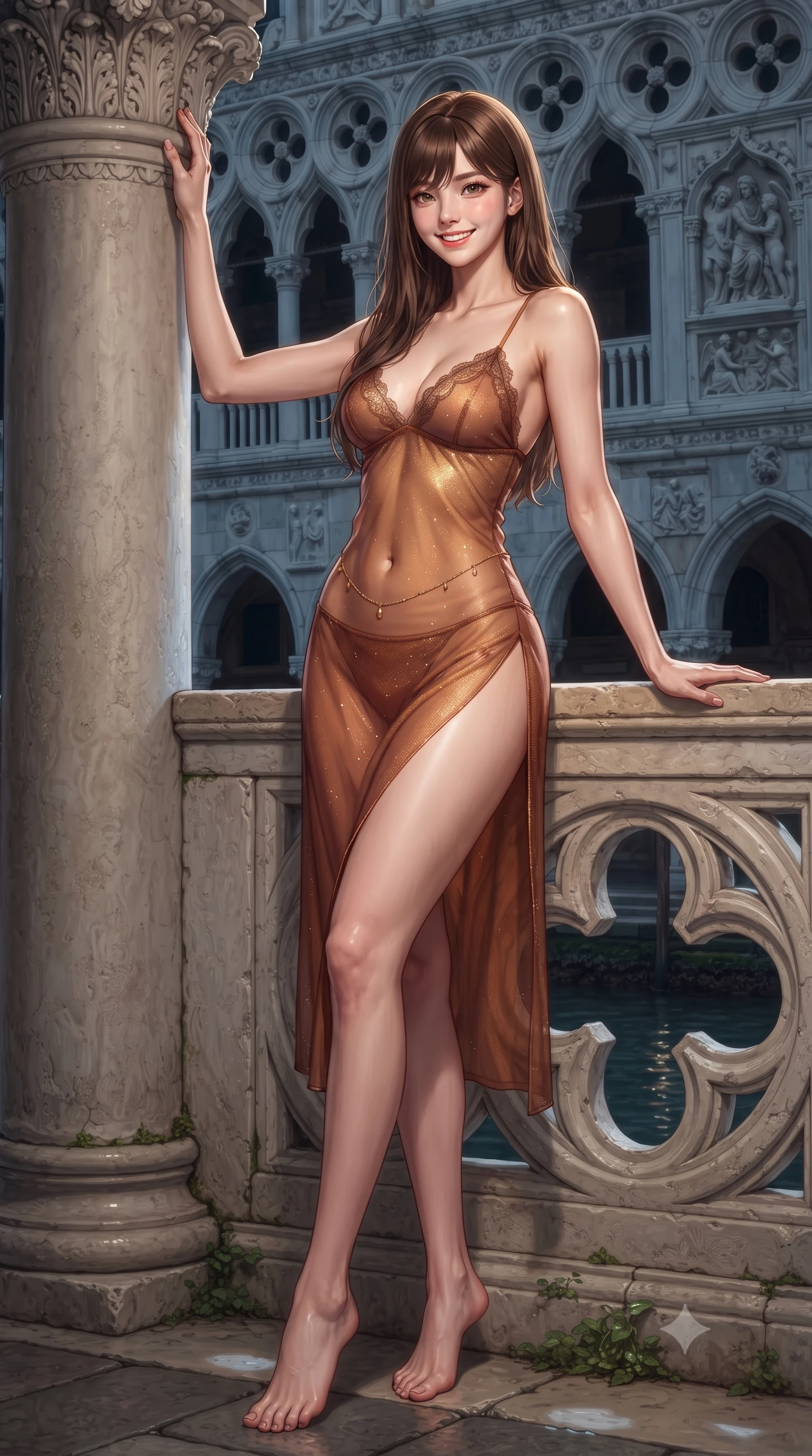 score_9, masterpiece, best quality, ultra-detailed, high-budget anime keyframe, editorial fashion photography, tasteful artistic composition, Korean woman. low angle full-body shot from head to toe showing her feet, filling the entire 9:16 vertical frame with her statuesque presence, stretching her vertical silhouette. standing tall beside the architectural column, one hand resting high while arching her lower back to emphasize her sculpted feminine hips and slender waist while leaning against the carved quatrefoil stone balustrade with hips cocked back, casting an intoxicating smoldering bedroom-gaze over the moonlit canal. The surrounding environment is rendered in vivid detail and crisp panoramic clarity: sharp Istrian stone gothic arch tracery, carved stone quatrefoil reliefs, and canal waterline moss in deep focus. She has an exceptionally tall and slender model-like 8.5-heads proportion, an ultra-slim waist, a flat toned midriff, narrow delicate ribcage, and beautifully sculpted feminine hips creating a graceful, slim hourglass silhouette without any bulky heaviness, with impossibly long slender legs. sharp v-shaped jawline, high-bridge nose, intricate jewel-like sparkling eyes with depth, thick eyelashes, glossy parted lips with a natural peach sheen, bright cheerful beaming smile with an enchanting and coquettish sensual glint, exuding both youthful cute charm and seductive allure, flawlessly proportioned anatomical accuracy, strict slender model proportions, natural body alignment, perfectly sculpted long slender limbs, ultra-slim waistline, clean dynamic posture without body distortion. wearing an alluring sheer silk chiffon slip with delicate eyelash lace cups and high side leg slits in warm cinnamon silk and burnished gold, woven from stretch metallic lurex jersey casting radiant starlight glints across her curves, accented with a dainty gold belly chain resting across her flat midriff and curving hips, the liquid-tight tailored fabric clinging flawlessly to her narrow waist and rounded feminine hips, emphasizing every millimeter of her sculpted slim hourglass curves without any bulky heaviness. illuminated by canal water reflection bounce and sharp champagne-gold rim lights sculpting her features, flat midriff, and slender waist. ultra-reflective glossy finish, specular highlights, rich textural contrasts, high-contrast stereoscopic depth, volumetric dynamic lighting, 2k, ultra detail, master piece, 9:16 ratio