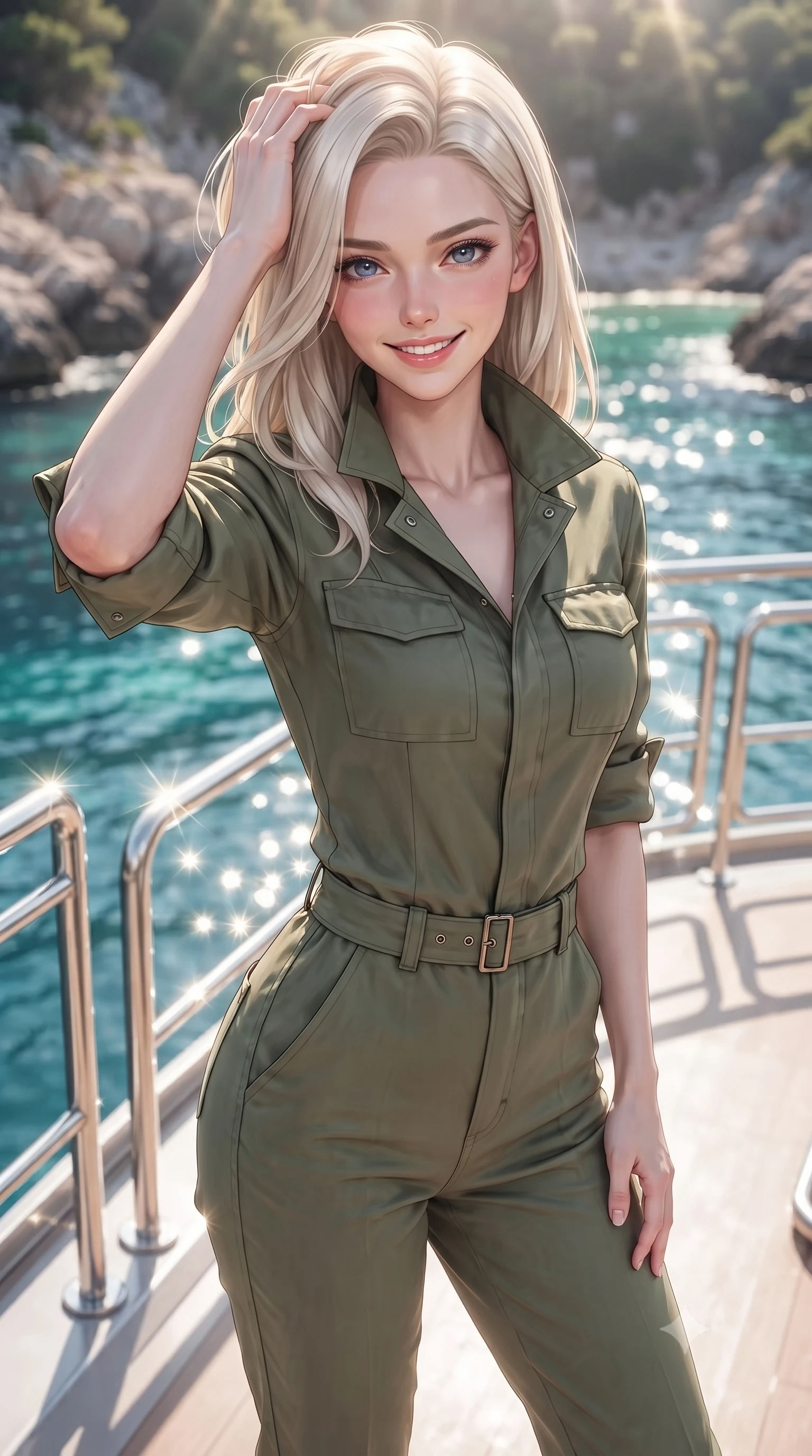 score_9, masterpiece, best quality, ultra-detailed, high-budget anime keyframe, editorial fashion photography, tasteful artistic composition, Caucasian woman. close-up cowboy shot from the waist and thighs up, the character dominates the composition, filling the frame with her large presence, background elements kept in soft focus. smiling with quiet, magnetic self-assurance directly into the camera, running a hand through her hair the background shows a soft-focus a quiet coastal helipad deck overlooking a rocky bay with turquoise water. She has an exceptionally elegant, slender, and willowy female figure with an ultra-slim waist, a gracefully sculpted slender torso, and a refined silhouette. sharp v-shaped jawline, high-bridge nose, intricate jewel-like eyes with depth, thick eyelashes, glossy lips with a natural sheen. wearing a slim-fit comfortable olive green cotton utility jumpsuit with a structured collar and rolled-up sleeves. bright morning sun rays creating sparkling glints on the sea and the deck. ultra-reflective glossy finish, specular highlights, metallic sheen, high-contrast stereoscopic depth, volumetric dynamic lighting, 2k, ultra detail, master piece, 9:16 ratio