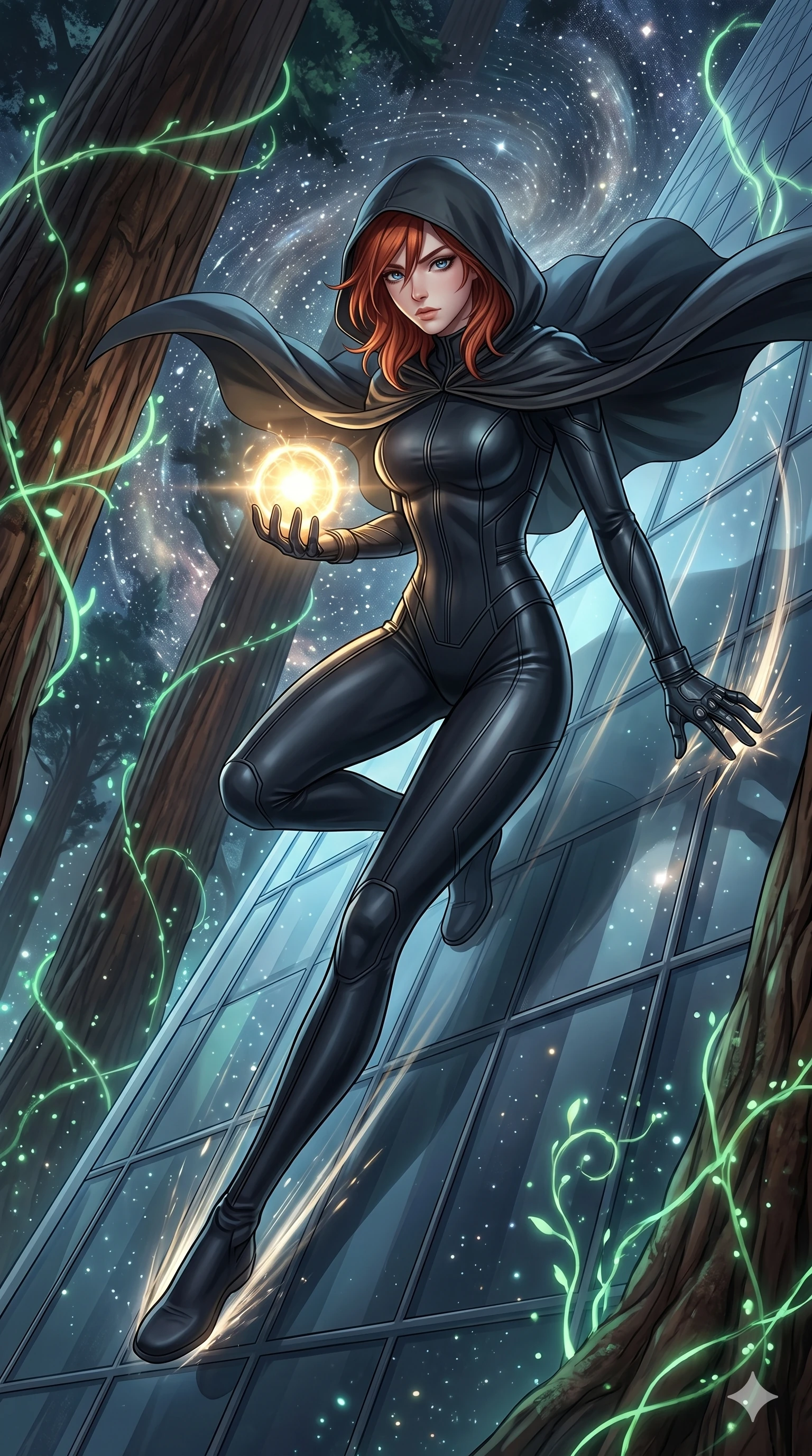 score_9, masterpiece, best quality, ultra-detailed, Set A: High-budget Anime Keyframe, Caucasian (human ears) woman. Low angle cowboy shot filling the entire 9:16 frame with her statuesque presence. Theme: Primal Nature. sliding down a glass skyscraper in a giant redwood forest with glowing vines, holding a glowing core that hums with the power of 102 suns. The atmosphere is filled with a swirling vortex of stars. She has an absolutely perfect 8-heads proportion, an exceptionally tall and slender female figure with impossibly long slender legs and an ultra-slim waist. Sharp v-shaped jawline, high-bridge nose, intricate jewel-like eyes with depth, glossy lips. Wearing Tech-assassin gear with a hooded cloak and a form-fitting matte black latex suit. Cinematic lighting, vivid colors, dramatic shadows, 2k, ultra detail, master piece, 9:16 ratio