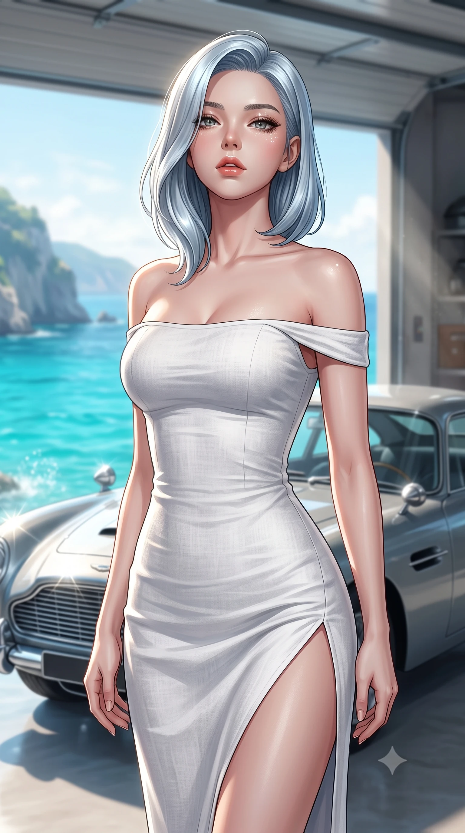 score_9, masterpiece, best quality, ultra-detailed, high-budget anime keyframe, editorial fashion photography, tasteful artistic composition, Korean woman. close-up cowboy shot from the waist and thighs up, the character dominates the composition, filling the frame with her large presence, background elements kept in soft focus. tilting her chin up slightly with lips parted in a composed, provocative expression the background shows a soft-focus a coastal villa garage with open bays overlooking the turquoise ocean water. She has an exceptionally elegant, slender, and willowy female figure with an ultra-slim waist, a gracefully sculpted slender torso, and a refined silhouette. sharp v-shaped jawline, high-bridge nose, intricate jewel-like eyes with depth, thick eyelashes, glossy lips with a natural sheen. wearing a form-contouring off-shoulder white linen summer dress featuring a high side slit ascending to mid-thigh. bright morning sun rays creating sparkling glints on the sea and the car chassis. ultra-reflective glossy finish, specular highlights, metallic sheen, high-contrast stereoscopic depth, volumetric dynamic lighting, 2k, ultra detail, master piece, 9:16 ratio