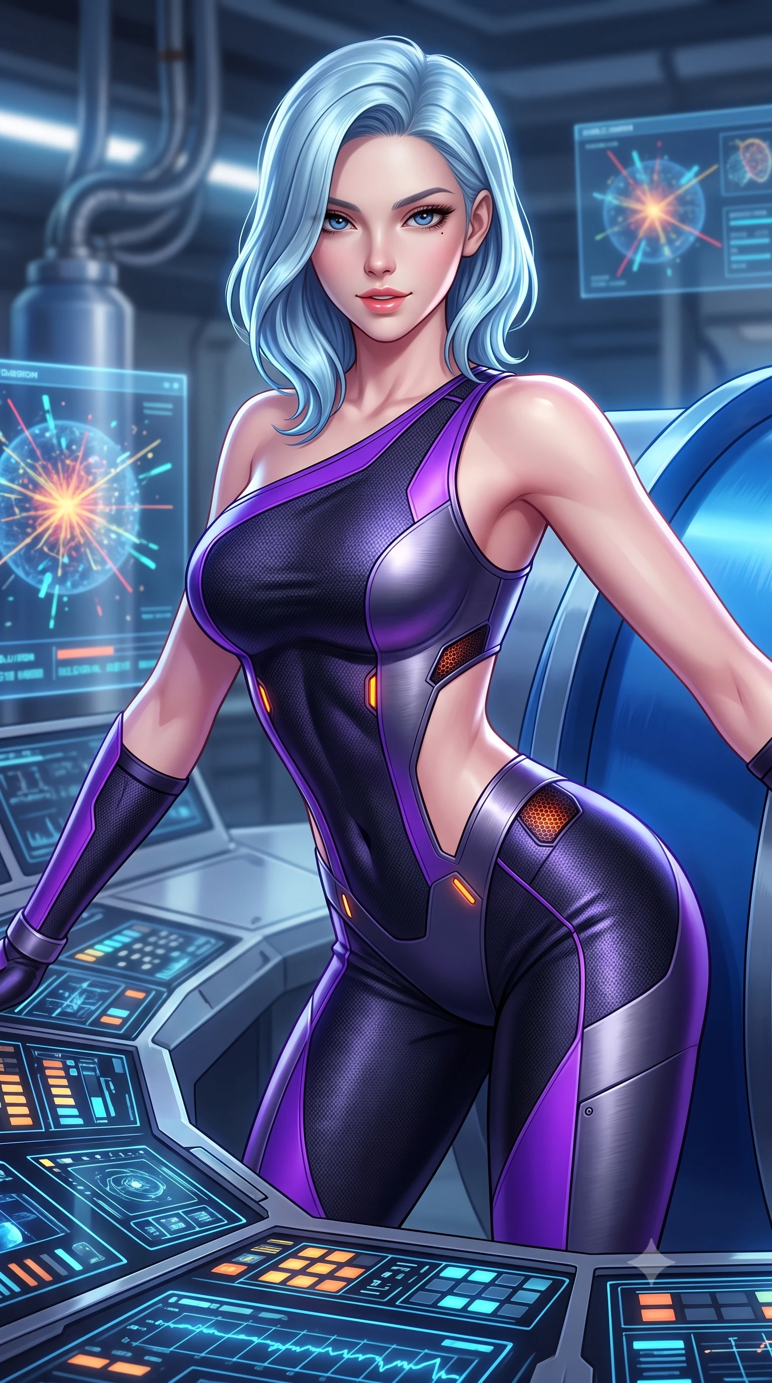 score_9, masterpiece, best quality, ultra-detailed, high-budget anime keyframe, semi-realistic 3D game render, editorial fashion photography, tasteful artistic composition, Korean woman. close-up cowboy shot from the waist and thighs up, the character dominates the composition, filling the frame with her large presence. leaning forward over the illuminated command console while arching her lower back to accentuate her curvy hips, looking into the camera with a confident smoldering smile and intense bedroom-eyes while leaning against a colossal blue superconducting magnet casing with hips cocked back, casting an alluring, intelligent bedroom-gaze. The background shows a soft-focus overhead cryogenic coolant lines and holographic collision event displays softened in cutting-edge physics facility shallow focus. She has an exceptionally elegant, slender, and willowy female figure with an ultra-slim waist, flat toned midriff, narrow ribcage, and sculpted feminine hips creating an alluring, slim hourglass silhouette without bulk. sharp v-shaped jawline, high-bridge nose, intricate jewel-like sparkling eyes with depth, thick eyelashes, glossy parted lips with a natural sheen, bright confident smile with an enchanting and coquettish sensual glint, exuding both youthful magnetic charm and sovereign high-tech allure, flawlessly proportioned anatomical accuracy, strict slender model proportions, natural body alignment, perfectly sculpted long slender limbs, ultra-slim waistline, clean dynamic posture without body distortion. wearing an asymmetric one-shoulder combat catsuit with carbon-weave paneling and an open-waist architecture emphasizing her hips in neon electric violet and deep space obsidian, tailored from brushed aeronautical titanium alloy with matte satin sheen, accented with subtle hexagonal heat-sink vents glowing with dim orange thermal heat, the high-waisted tailoring accentuating her ultra-slim waistline and the enchanting curve of her feminine hips with alluring dark charm. illuminated by instrument status LEDs and sharp platinum rim lights carving her razor-sharp jawline, narrow waist, and curvy hips. highly saturated vibrant anime colors, detailed shading with soft gradients, rich glossy textures, high-contrast stereoscopic depth, volumetric dynamic lighting, master piece, 9:16 ratio