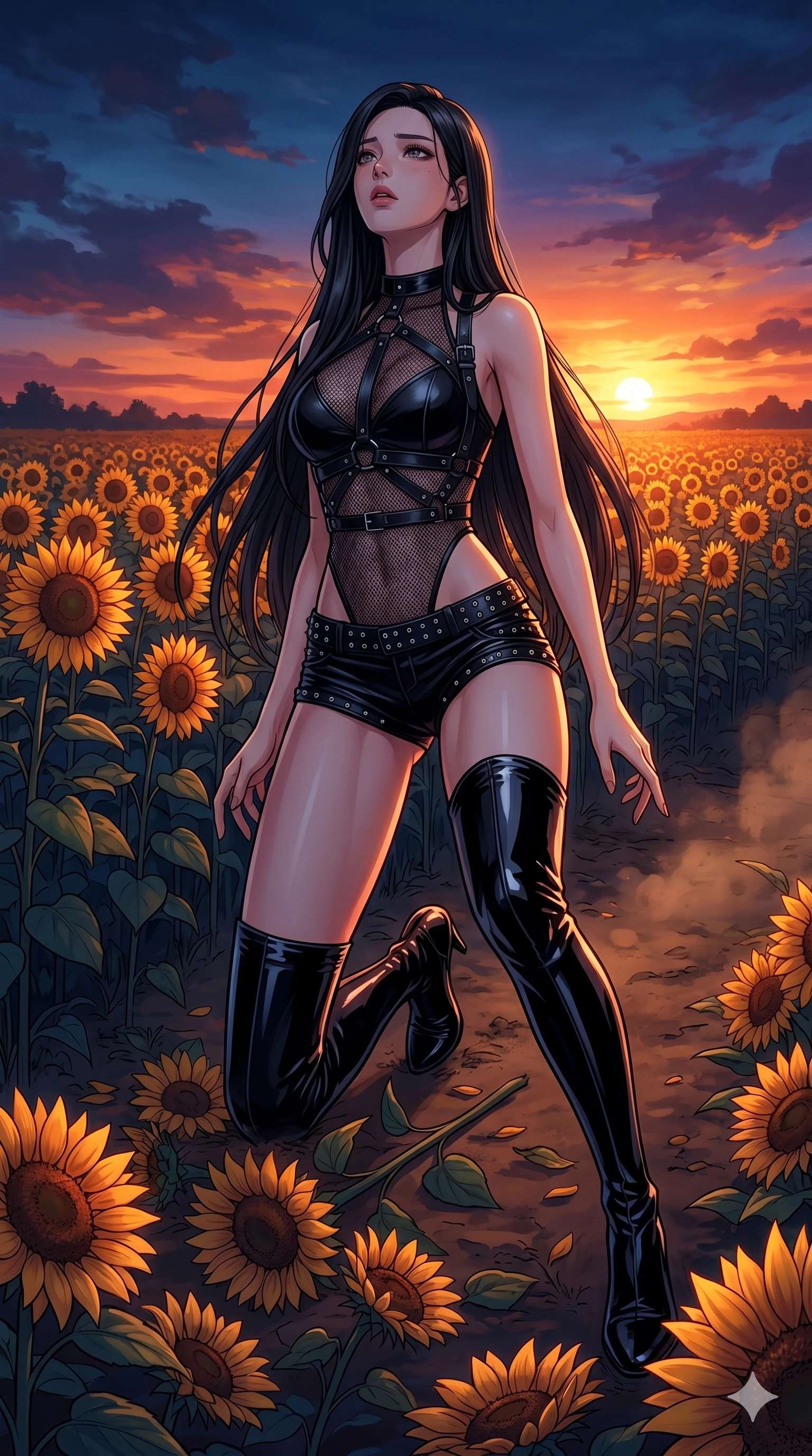 score_9, masterpiece, best quality, ultra-detailed, high-budget anime movie keyframe, cinematic anime lighting, intricate line art, Korean woman. Dynamic full-body shot stretching the vertical silhouette with extreme perspective. collapsing onto her knees in a field of sunflowers after a long journey. She has an absolutely perfect 8-heads proportion, an exceptionally tall and slender female figure with an ultra-slim waist and impossibly long slender legs. strictly human anatomy, two legs only, no extra limbs, clearly defined legs and arms, perfect anatomy, perfect hands and fingers. sharp v-shaped jawline, high-bridge nose, intricate jewel-like eyes, thick eyelashes, glossy lips. Wearing K-Idol Stage: Leather harness over mesh, high-cut bodysuit, studded micro-shorts, and thigh-high patent boots. The scene is illuminated by dramatic atmospheric lighting and vibrant color palettes. , 2k, ultra detail, master piece, 9:16 ratio