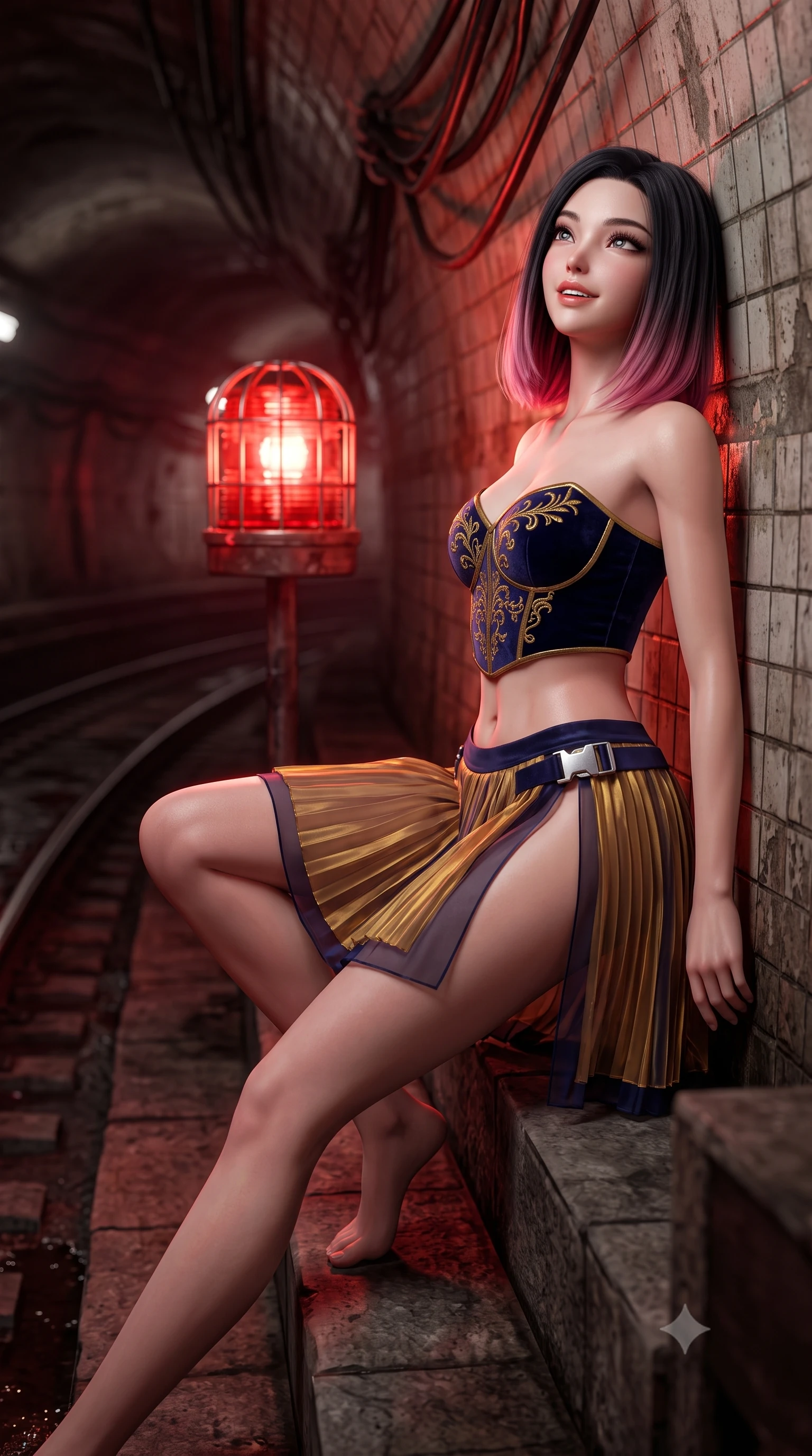 score_9, masterpiece, best quality, ultra-detailed, high-budget anime keyframe, semi-realistic 3D game render, editorial fashion photography, tasteful artistic composition, Korean woman. low angle full-body shot from head to toe showing her feet, filling the entire 9:16 vertical frame with her statuesque presence, stretching her vertical silhouette. sitting poised on the stone steps with one knee bent, arching her spine with supermodel elegance as she glances upward through thick eyelashes while leaning against the weathered tiled tunnel wall with hips cocked back, looking into the darkness with an alluring, parted-lip smile. The background shows a soft-focus pulsing caged red emergency beacons, curving subway rails, and hanging electrical cables blurred into crimson, rust, and obsidian bokeh. She has an absolutely perfect, statuesque 8.5-heads proportion, an exceptionally tall and slender model-like female figure with impossibly long slender legs, an ultra-slim waist, a flat toned midriff, narrow delicate ribcage, and beautifully sculpted feminine hips creating a graceful, slim hourglass silhouette without any bulky heaviness. sharp v-shaped jawline, high-bridge nose, sparkling eyes with hypnotic seductive depth, thick curled eyelashes, glossy parted lips with a natural dewy peach sheen, alluring bedroom-eyes with an enchanting coquettish smile, exuding magnetic siren charisma and sophisticated glamour, flawlessly proportioned anatomical accuracy, strict slender model proportions, natural body alignment, perfectly sculpted long slender limbs, ultra-slim waistline, clean dynamic posture without body distortion. wearing a structured velvet ballet bodice with gold filigree embroidery paired with an airy knife-pleated organza mini skirt in molten liquid gold and midnight indigo, made of sheer gossamer chiffon that drapes softly against skin with airy translucence, accented with a quick-release tactical chrome buckle harness resting snugly across her hips, the high-slit wrap tailoring accentuating her ultra-slim waistline and the enchanting curve of her feminine hips with alluring seductive charm. illuminated by wet track puddle bounce and sharp deep-red rim lights sculpting her jawline, flat midriff, and voluptuous hip curves. highly saturated vibrant anime colors, detailed shading with soft gradients, rich glossy textures, high-contrast stereoscopic depth, volumetric dynamic lighting, master piece, 9:16 ratio