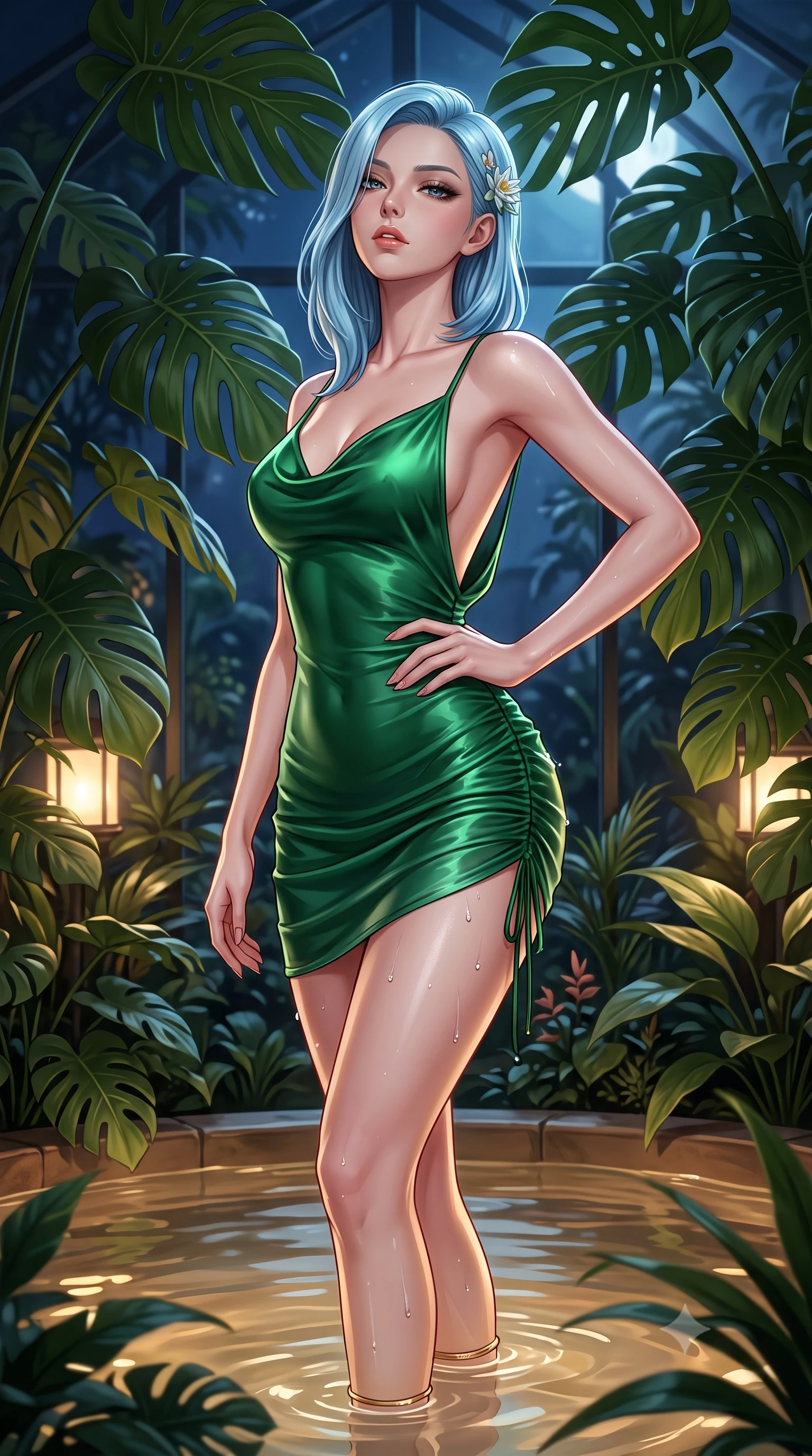 score_9, masterpiece, best quality, ultra-detailed, high-budget anime keyframe, semi-realistic 3D game render, editorial fashion photography, tasteful artistic composition, Korean woman. close-up cowboy shot from the waist and thighs up, the character dominates the composition, filling the frame with her large presence. tilting her chin up with proud, sovereign allure while gazing through thick eyelashes, one hand resting on her waist in pure supermodel charisma while wading lightly into the shallow warm botanical pool beneath towering monstera fronds, arching her spine in pure pleasure as water droplets bead on her hips. The surrounding environment is rendered in vivid detail and crisp panoramic clarity. lush nocturnal greenhouse chiaroscuro and enchanted botanical sanctuary aesthetics in precision. She has an exceptionally elegant, slender, and willowy female figure with an ultra-slim waist, a gracefully sculpted slender torso, toned flat midriff, and rounded feminine hips creating an alluring hourglass silhouette. sharp v-shaped jawline, high-bridge nose, intricate jewel-like eyes with depth, thick eyelashes, glossy parted lips with a natural sheen, intensely captivating and seductive bedroom-eyes expression, flawlessly proportioned anatomical accuracy, strict slender model proportions, natural body alignment, perfectly sculpted long slender limbs, ultra-slim waistline, clean dynamic posture without body distortion. wearing a wet-look emerald silk slip dress with an ultra-deep cowl back and hip-defining side ruching in deep emerald green and polished brass gold, made of sheer contouring power-mesh panels with anatomical curve lines, accessorized with delicate water-lily hairpins and minimalist gold ankle cuffs, the glove-like aerodynamic silhouette tightly following the natural contour of her hips and long slender legs with statuesque precision. illuminated by wet specular highlights accentuating her slender neckline, sculpted waist, and rounded hips. highly saturated vibrant anime colors, detailed shading with soft gradients, rich glossy textures, high-contrast stereoscopic depth, volumetric dynamic lighting, master piece, 9:16 ratio