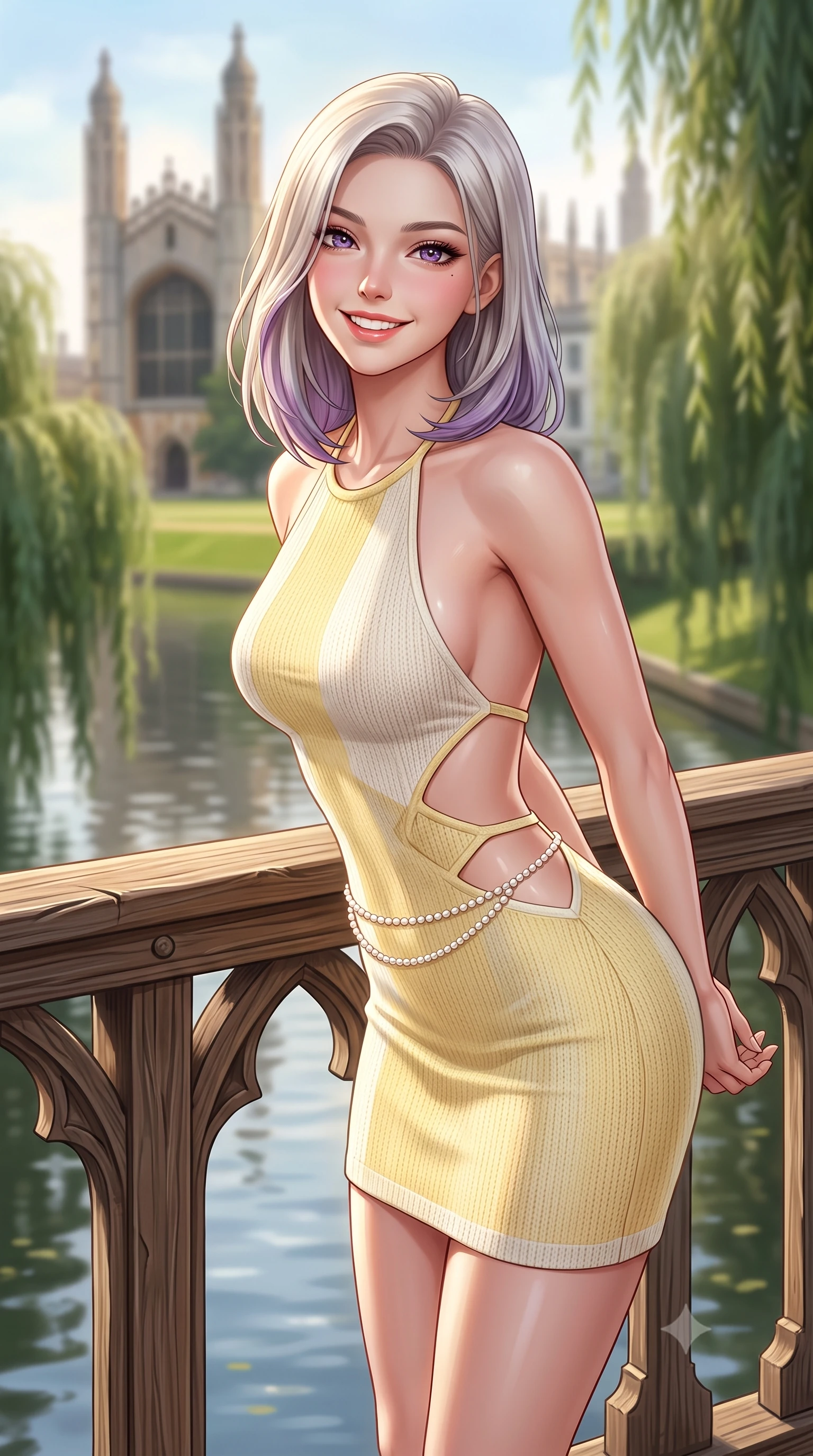 score_9, masterpiece, best quality, ultra-detailed, high-budget anime keyframe, semi-realistic 3D game render, editorial fashion photography, tasteful artistic composition, Caucasian woman. close-up cowboy shot from the waist and thighs up, the character dominates the composition, filling the frame with her large presence. resting both hands lightly behind her back while leaning toward the lens with a cheerful, teasing grin, her form-fitting outfit hugging her narrow waist and feminine hip curve while leaning against the carved timber railing of the historic Mathematical Bridge, arching her back with a bright, charming smile over the River Cam. The composition keeps background elements in soft focus with dreamy creamy bokeh. weeping willows trailing in reflective river waters and gothic college spires blurred into soft emerald, champagne, and slate bokeh. She has an exceptionally elegant, slender, and willowy female figure with an ultra-slim waist, flat toned midriff, narrow ribcage, and sculpted feminine hips creating an alluring, slim hourglass silhouette without bulk. sharp v-shaped jawline, high-bridge nose, intricate jewel-like sparkling eyes with depth, thick eyelashes, glossy parted lips with a natural peach sheen, bright cheerful beaming smile with an enchanting and coquettish sensual glint, exuding both youthful cute charm and seductive allure, flawlessly proportioned anatomical accuracy, strict slender model proportions, natural body alignment, perfectly sculpted long slender limbs, ultra-slim waistline, clean dynamic posture without body distortion. wearing a backless pastel halter sundress with side-waist diamond cutouts and an ultra-fitted hip-hugging silhouette in bright butter yellow and fresh cream white, crafted from soft cozy cashmere yarn with an airy drape, accented with a dainty pearl waist chain catching the ambient sunlight, the form-contouring cut accentuating her sculpted flat midriff, narrow delicate ribcage, and gracefully curvy hips with supermodel precision. illuminated by calm river water specular reflections accentuating her sculpted collarbones, ultra-slim waist, and curvy hips. highly saturated vibrant anime colors, detailed shading with soft gradients, rich glossy textures, high-contrast stereoscopic depth, volumetric dynamic lighting, master piece, 9:16 ratio