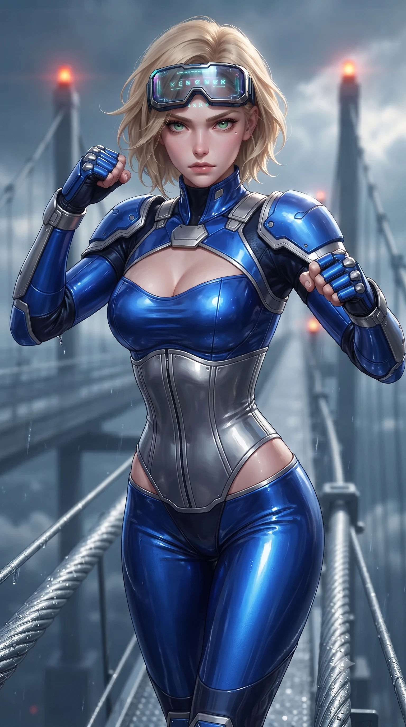 score_9, masterpiece, best quality, ultra-detailed, high-budget anime keyframe, editorial fashion photography, tasteful artistic composition, Caucasian woman. close-up cowboy shot from the waist and thighs up, the character dominates the composition, filling the frame with her large presence. in a razor-sharp Panzer Kunst fighting guard with raised fists, captivating jewel-like eyes locked onto the viewer with fierce, resolute determination while striding commanding across the wet suspension cables with sovereign balance and supreme athletic poise. The composition keeps background elements in soft focus with creamy bokeh. skybridge suspension cables and flashing warning beacons softened in dramatic shallow focus. She has an exceptionally elegant, slender, and willowy female figure with an ultra-slim waist, a gracefully sculpted slender torso, toned flat midriff, and a refined slim silhouette. sharp v-shaped jawline, high-bridge nose, intricate jewel-like eyes with depth, thick eyelashes, glossy lips with a natural sheen, fierce and resolute heroine expression, flawlessly proportioned anatomical accuracy, strict slender model proportions, natural body alignment, perfectly sculpted long slender limbs, ultra-slim waistline, clean dynamic posture without body distortion. wearing high-tech holographic tactical goggles resting tipped up on her forehead, casting glowing neon runes across her brow without obscuring her features, paired with a statuesque high-fashion cyber-warrior armor suit with platinum bevels, heavy articulated shoulder guards, and an ultra-slim waist-cinching corset in electric cobalt blue carbon with brushed platinum tactical trim, made of liquid carbon-jersey fabric accentuating every curve of her tall, slender model proportions, featuring a sleek aerodynamic collar framed by subtle glowing cybernetic status LEDs, the precision-cut daring openings accentuating her delicate midriff, graceful bare collarbones, and ultra-slim feminine waistline. surrounded by an elevated, supreme, and breathtakingly courageous high-altitude defender aura. ultra-reflective glossy finish, specular highlights, dark metallic sheen, high-contrast stereoscopic depth, volumetric dynamic lighting, 2k, ultra detail, master piece, 9:16 ratio
