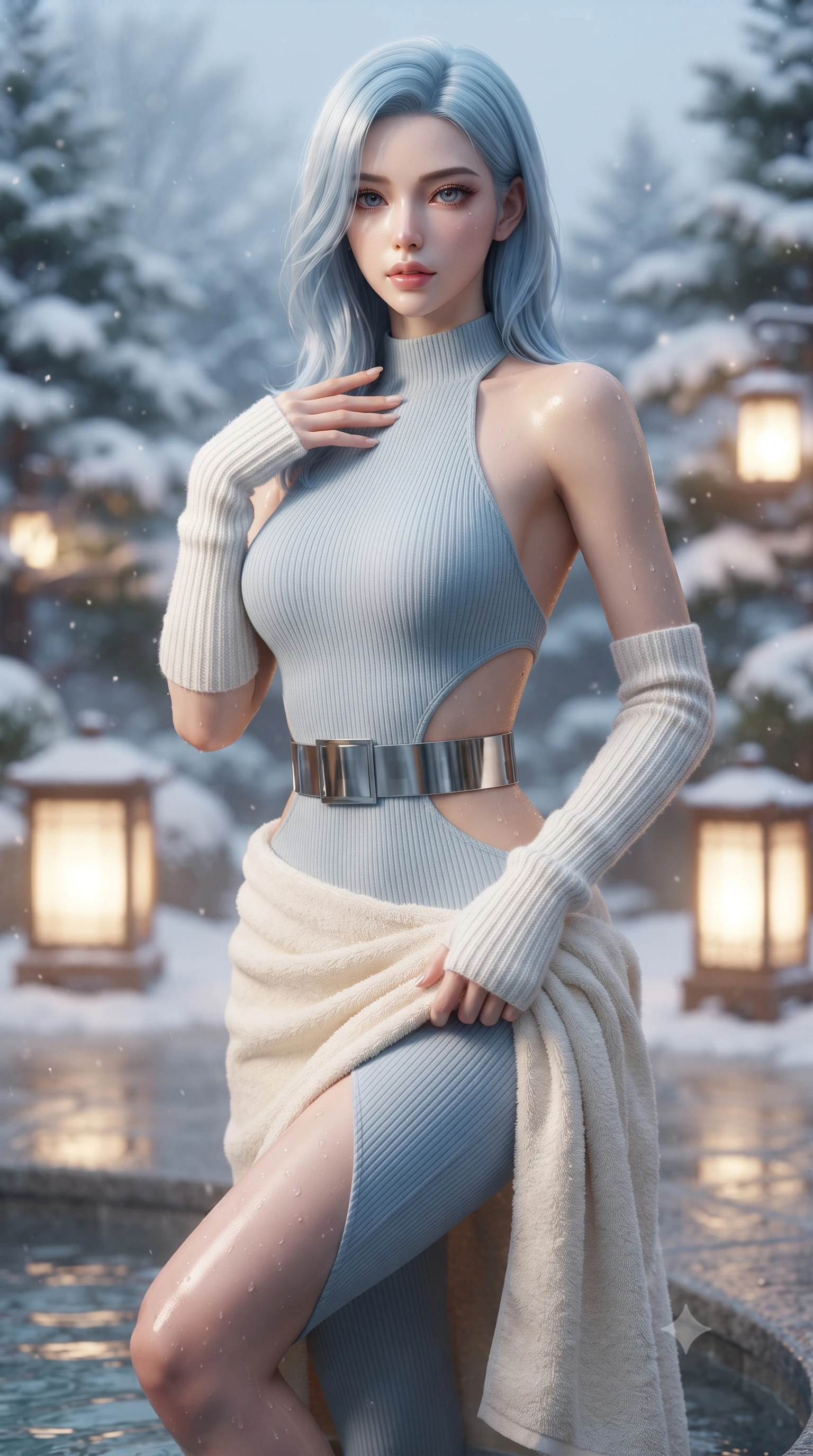 score_9, masterpiece, best quality, ultra-detailed, high-budget anime keyframe, editorial fashion photography, tasteful artistic composition, Korean woman. close-up cowboy shot from the waist and thighs up, the character dominates the composition, filling the frame with her large presence. resting one manicured hand delicately on her bare collarbone, her upper body twisting in a fluid, voluptuous yet slender curve while stepping out onto the heated stone pool deck, wrapping a plush towel around her waist with effortless supermodel poise. The composition keeps background elements in soft focus with creamy bokeh. snow-covered cedar pines and glowing outdoor lanterns softened in dreamy shallow focus. She has an exceptionally elegant, slender, and willowy female figure with an ultra-slim waist, a gracefully sculpted slender torso, toned flat midriff, and a refined slim silhouette. sharp v-shaped jawline, high-bridge nose, intricate jewel-like eyes with depth, thick eyelashes, glossy parted lips with a natural sheen, intensely captivating and seductive expression, flawlessly proportioned anatomical accuracy, strict slender model proportions, natural body alignment, perfectly sculpted long slender limbs, ultra-slim waistline, clean dynamic posture without body distortion. wearing a snug ribbed knit halter-neck catsuit with an open back and matching detachable arm warmers in pure glacier white and shimmering silver, tailored from water-resistant ski-tech stretch gabardine with fleece lining, accented with a wide metallic ski belt cinching her ultra-slim waistline, the precision-cut daring openings accentuating her delicate midriff, graceful bare collarbones, and ultra-slim feminine waistline. illuminated by wet specular highlights accentuating her slender neckline, sculpted waist, and curves. ultra-reflective glossy finish, specular highlights, rich textural contrasts, high-contrast stereoscopic depth, volumetric dynamic lighting, 2k, ultra detail, master piece, 9:16 ratio