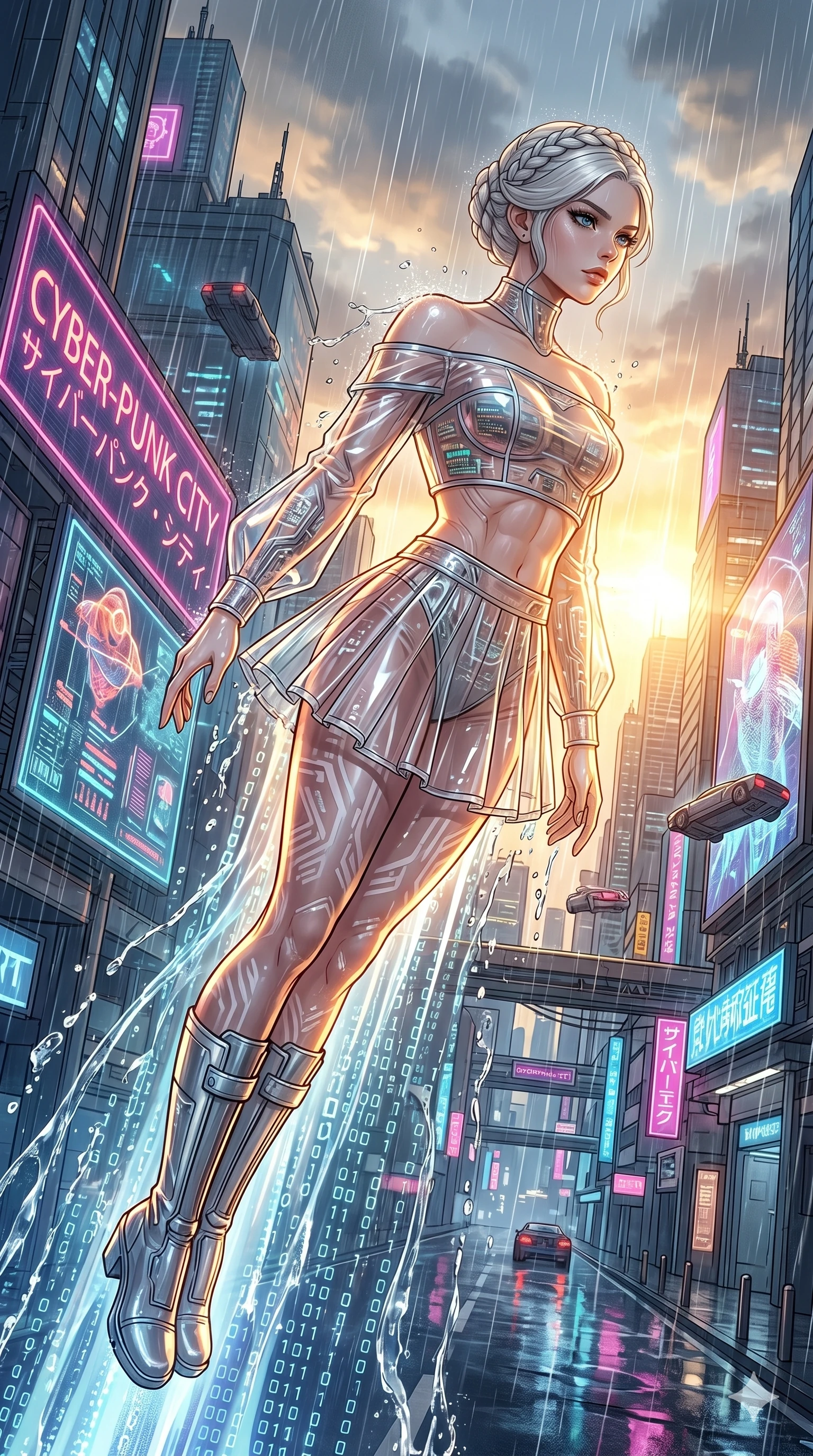 score_9, masterpiece, best quality, ultra-detailed, High-budget Anime Keyframe, vibrant colors, fluid line-art, expressive lighting, cinematic composition, Ufotable-style visual effects, top-tier animation quality, Caucasian woman with pale skin, blonde hair, and (strictly human ears). Dynamic full-body shot stretching the vertical silhouette, capturing her from a powerful low-angle perspective. Diving into a vast sea of digital code and liquid light, her form becoming one with the stream of information. She has an absolutely perfect 8-heads proportion, an exceptionally tall and slender female figure with impossibly long slender legs and an ultra-slim waist, her statuesque height and towering silhouette dominating the vertical 9:16 frame. Her face is a masterpiece featuring a sharp v-shaped jawline, high-bridge nose, intricate jewel-like eyes with depth, thick eyelashes, and glossy lips with a natural sheen. She is wearing a Off-shoulder crop top paired with pleated skirts and patterned tights crafted from Transparent PVC with a high-gloss finish that reveals the intricate layers beneath, accompanied by patterned tights and metallic boots. The scene is set in a sprawling cyberpunk metropolis in heavy rain with vibrant neon glows reflecting on every surface, illuminated by golden hour sunlight that gives her skin a warm, radiant glow. 2k, ultra detail, master piece, 9:16 ratio