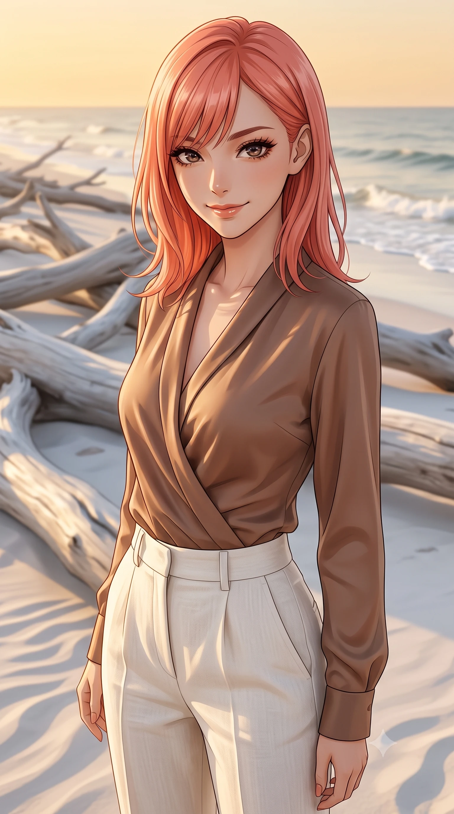 score_9, masterpiece, best quality, ultra-detailed, high-budget anime keyframe, editorial fashion photography, tasteful artistic composition, Japanese woman. close-up cowboy shot from the waist and thighs up, the character dominates the composition, filling the frame with her large presence, background elements kept in soft focus. Exhibiting a confident, playful smirk directly into the camera. set against a soft-focus background of on a white sand beach filled with large, smooth silver driftwood logs, with gentle ocean waves lapping at the shore under a warm amber sky. She has an exceptionally elegant, slender, and willowy female figure with a highly-defined ultra-slim waist, a gracefully sculpted slender torso, and a refined slim-fit silhouette that contours her form. sharp v-shaped jawline, high-bridge nose, intricate jewel-like eyes with depth, thick eyelashes, glossy lips with a natural sheen. wearing a wrap-style silk blouse in a warm mocha shade, tucked into high-waisted ivory linen trousers. warm low-angle golden sunlight casting long textured shadows of the driftwood on the smooth white sand. 2k, ultra detail, master piece, 9:16 ratio