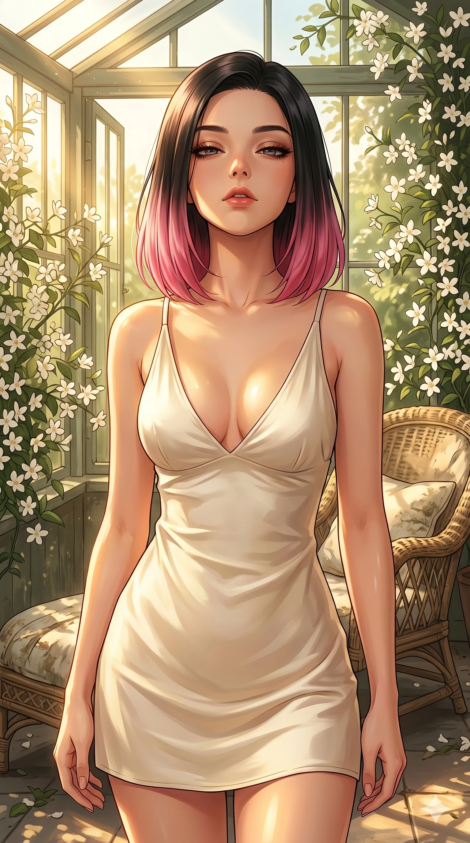 score_9, masterpiece, best quality, ultra-detailed, high-budget anime keyframe, editorial fashion photography, tasteful artistic composition, Korean woman. cowboy shot from the thighs up, character and outfit filling the frame for maximum editorial presence. casting a heavy-lidded, sultry gaze beneath thick lashes with quiet intensity, her chin tilted up inside a sun-drenched greenhouse conservatory with climbing white jasmines and wicker chaise lounge (Code-P011). She has an absolutely perfect 8-heads proportion, an exceptionally tall and slender female figure with impossibly long slender legs and an ultra-slim waist. V-shaped jawline, high-bridge nose, intricate jewel-like eyes with depth, thick eyelashes, glossy lips with a natural sheen. wearing a soft cream silk slip dress with a plunging V-neckline and a deep open back. bathed in warm, golden afternoon sunbeams creating soft specular highlights on her smooth skin. 2k, ultra detail, master piece, 9:16 ratio