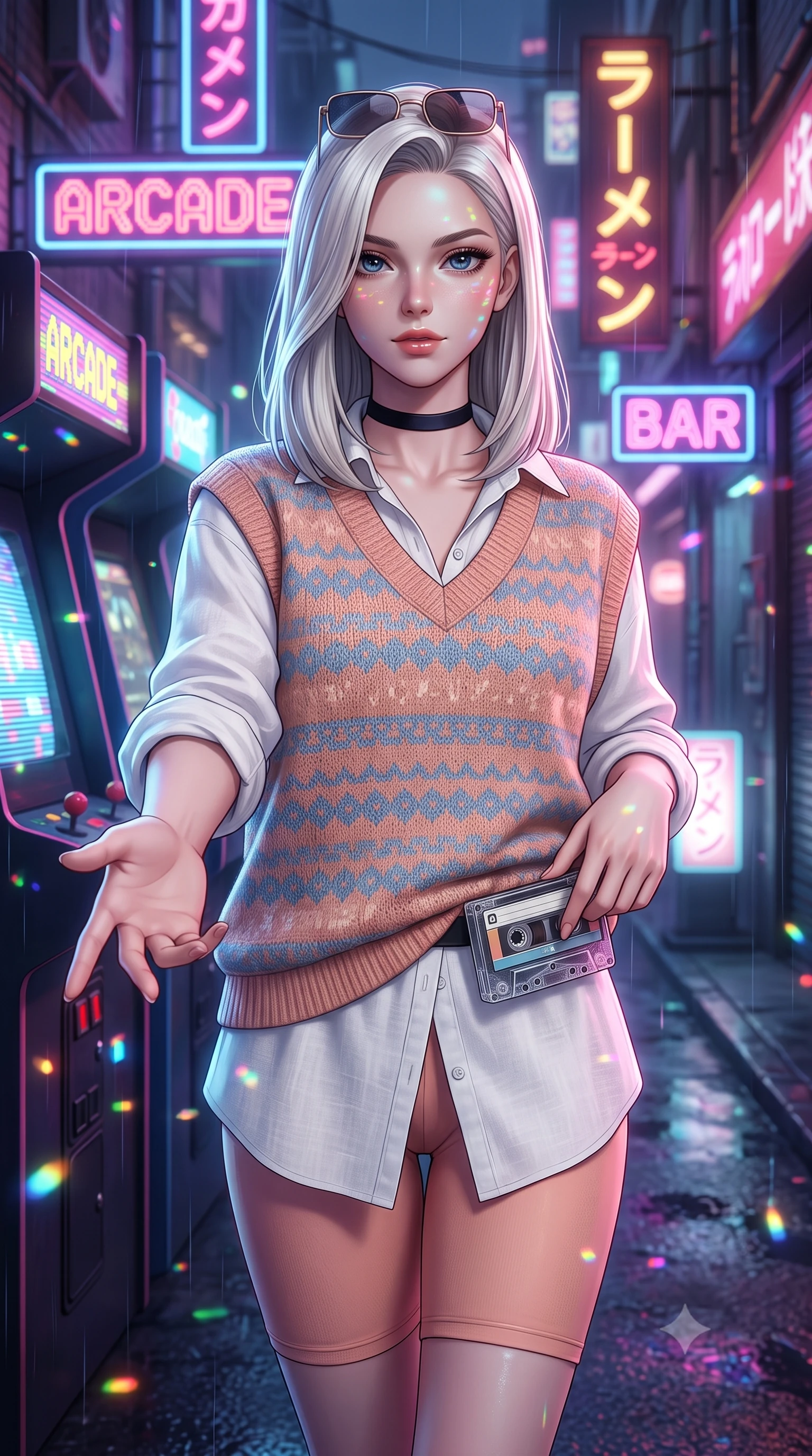 score_9, masterpiece, best quality, ultra-detailed, high-budget anime keyframe, semi-realistic 3D game render, editorial fashion photography, tasteful artistic composition, Caucasian woman. close-up cowboy shot from the waist and thighs up, the character dominates the composition, filling the frame with her large presence. extending one slender arm gracefully toward the foreground while casting an affectionate, mesmerizing glance while stepping out of the arcade into the neon-lit alleyway, adjusting her cassette tape player with supreme retro cool. The composition keeps background elements in soft focus with creamy bokeh. flickering coin-slot lights and pixel scanline glints scattering vibrant nostalgic light motes. She has an exceptionally elegant, slender, and willowy female figure with an ultra-slim waist, a gracefully sculpted slender torso, toned flat midriff, and a refined slim silhouette. sharp v-shaped jawline, high-bridge nose, intricate jewel-like eyes with depth, thick eyelashes, glossy lips with a natural sheen, captivating and magnetic expression, flawlessly proportioned anatomical accuracy, strict slender model proportions, natural body alignment, perfectly sculpted long slender limbs, ultra-slim waistline, clean dynamic posture without body distortion. wearing an oversized 90s knit sweater vest worn over a crisp white boyfriend shirt and cycling shorts in soft peach and French sky blue, woven from soft breathable linen that flutters gently with every step, finished with a delicate black velvet ribbon choker and vintage sunglasses, the precision-cut daring openings accentuating her delicate midriff, graceful bare collarbones, and ultra-slim feminine waistline. bathed in multicolored arcade screen glows and vibrant neon alleyway downlights. highly saturated vibrant anime colors, detailed shading with soft gradients, rich glossy textures, high-contrast stereoscopic depth, volumetric dynamic lighting, master piece, 9:16 ratio