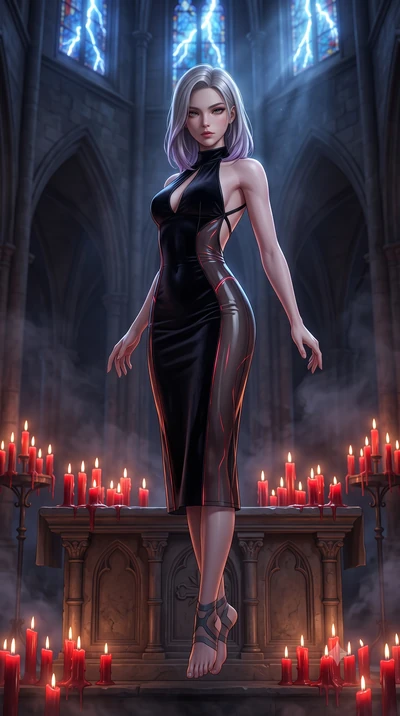 score_9, masterpiece, best quality, ultra-detailed, high-budget anime keyframe, semi-realistic 3D game render, editorial fashion photography, tasteful artistic composition, Caucasian woman. low angle full-body shot from head to toe showing her feet, 