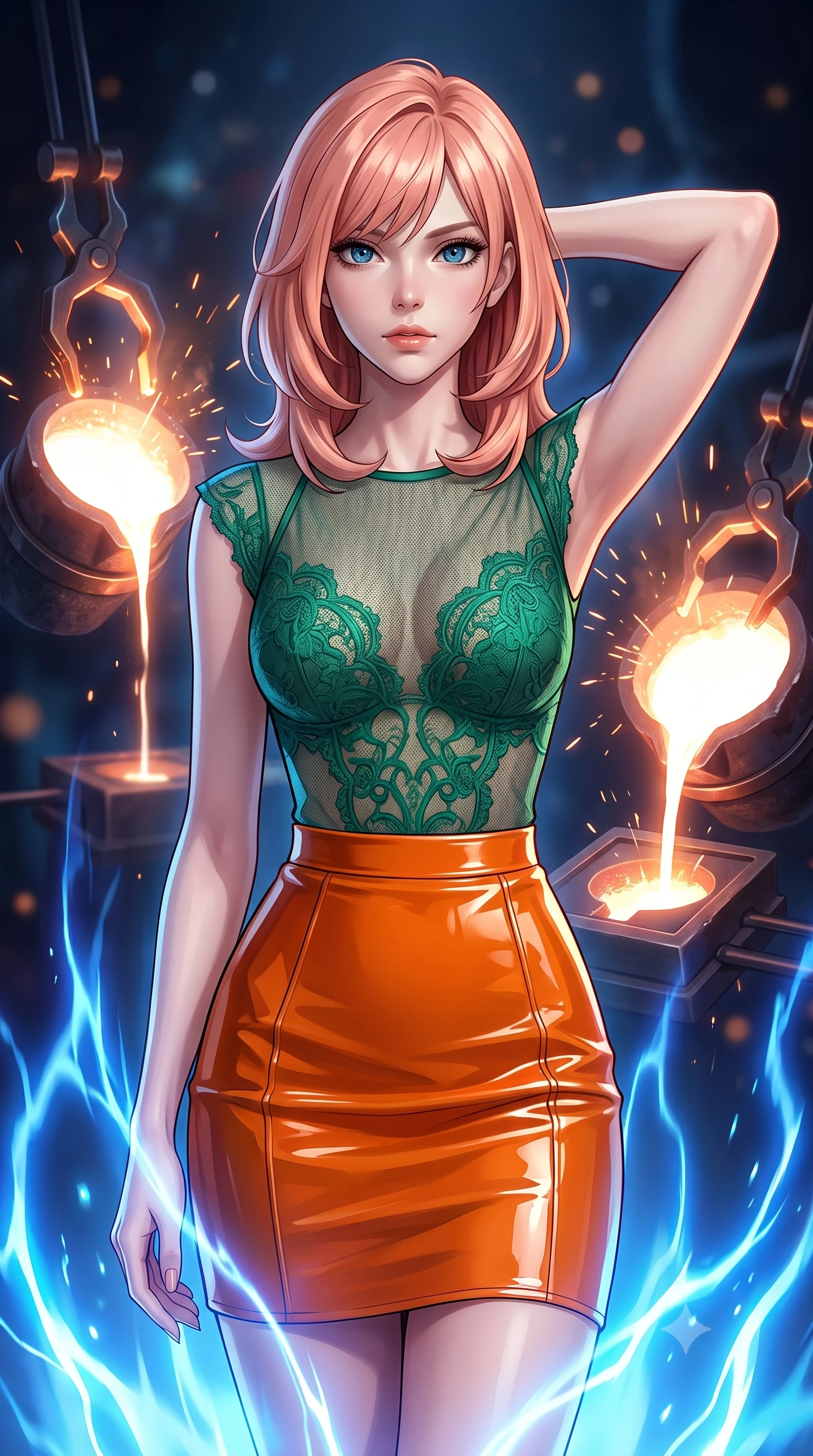 score_9, masterpiece, best quality, ultra-detailed, high-budget anime keyframe, editorial fashion photography, tasteful artistic composition, Japanese woman. close-up cowboy shot from the waist and thighs up, the character dominates the composition, filling the frame with her large presence, background elements kept in soft focus. Placing one hand behind her head with confident body language and a direct stare. set against a soft-focus background of a cosmic smithy where new stars are forged in massive crucibles of dark matter molten stellar material glowing white-hot as it is poured into celestial molds by gravitational tongs sparks of nuclear fusion flying. She has an exceptionally elegant and slender, willowy female figure with an ultra-slim waist, a gracefully sculpted slender torso, and a refined slim physique. sharp v-shaped jawline, high-bridge nose, intricate jewel-like eyes with depth, thick eyelashes, glossy lips with a natural sheen. wearing a see-through mesh top in emerald green with lace detailing, paired with a structured orange skirt in a high-gloss finish. pulsing electric blue plasma arc lighting rising dramatically from below. 2k, ultra detail, master piece, 9:16 ratio