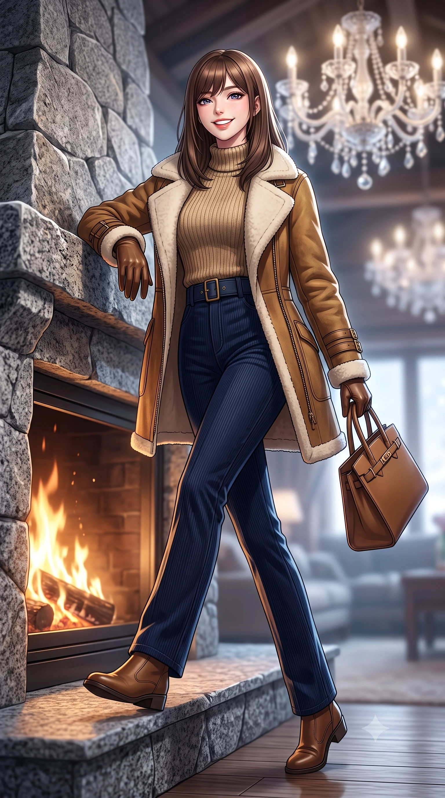 score_9, masterpiece, best quality, ultra-detailed, high-budget anime keyframe, semi-realistic 3D game render, editorial fashion photography, tasteful artistic composition, Korean woman. low angle full-body shot from head to toe showing her feet, filling the entire 9:16 vertical frame with her statuesque presence, stretching her vertical silhouette. walking briskly with tall supermodel strides, one hand holding her leather bag and the other swinging with energetic charm while leaning with effortless supermodel poise against the granite fireplace mantel, one boot resting lightly on the hearth ledge. The background shows a soft-focus crackling pinewood fire and crystal chandeliers softened in ultra-luxury Engadin winter sanctuary shallow focus. She has an exceptionally tall and slender model-like 8.5-heads proportion, an ultra-slim waist, a flat toned midriff, narrow delicate ribcage, and beautifully sculpted feminine hips creating a graceful, slim hourglass silhouette without any bulky heaviness, with impossibly long slender legs. sharp v-shaped jawline, high-bridge nose, intricate jewel-like sparkling eyes with depth, thick eyelashes, glossy parted lips with a natural peach sheen, bright cheerful beaming smile with an enchanting and coquettish sensual glint, exuding both youthful cute charm and seductive allure, flawlessly proportioned anatomical accuracy, strict slender model proportions, natural body alignment, perfectly sculpted long slender limbs, ultra-slim waistline, clean dynamic posture without body distortion. wearing a plush shearling-trimmed suede aviator coat layered over a cozy ribbed merino knit sweater and tailored corduroy pants in Ginza vintage brass gold and midnight navy, crafted from fluid mulberry silk twill with an understated lustrous pearl finish, complemented by buttery leather gloves held delicately in one manicured hand, the structured cinched belt emphasizing her narrow waistline and gracefully balanced proportions with timeless haute-couture polish. illuminated by brilliant snow reflection fill and sharp ice-crystal rim lights defining her razor-sharp jawline and tall slender frame. highly saturated vibrant anime colors, detailed shading with soft gradients, rich glossy textures, high-contrast stereoscopic depth, volumetric dynamic lighting, master piece, 9:16 ratio