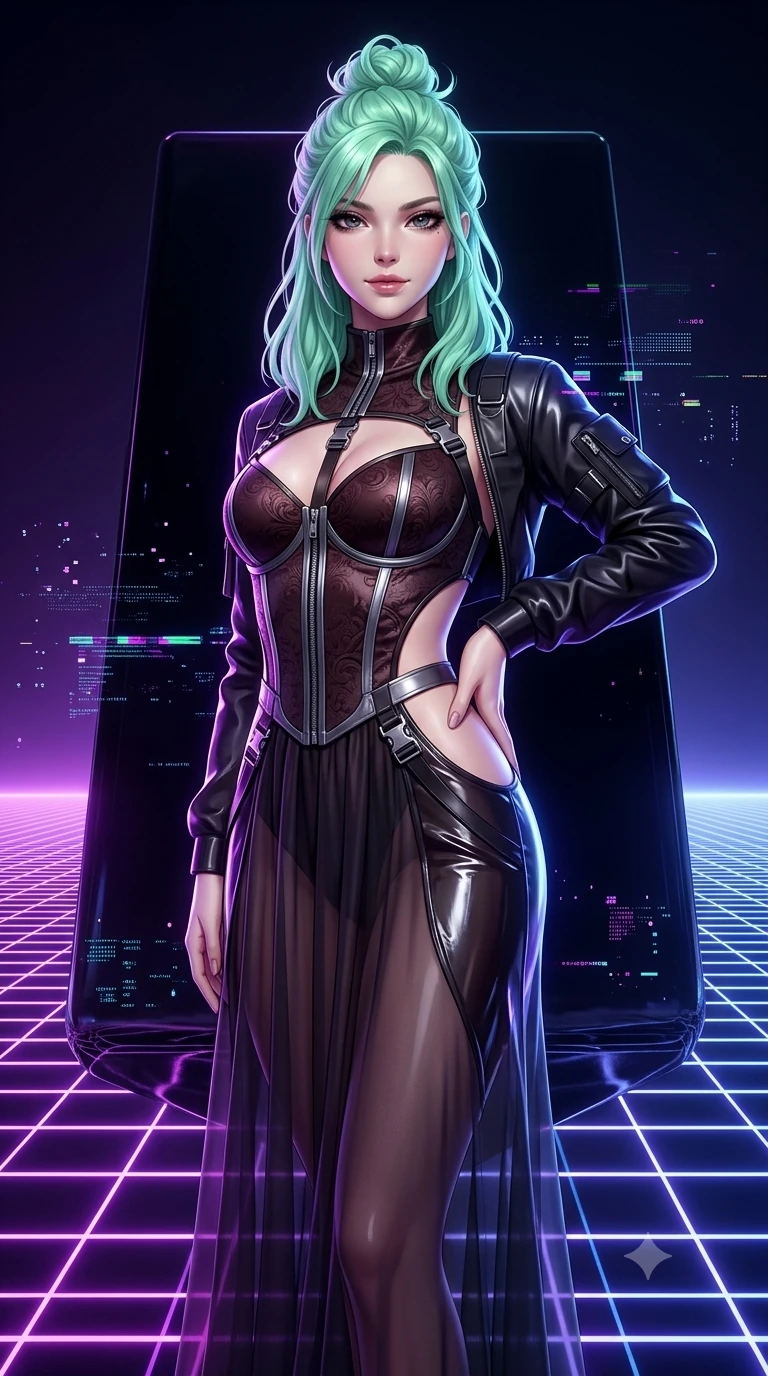 score_9, masterpiece, best quality, ultra-detailed, high-budget anime keyframe, semi-realistic 3D game render, editorial fashion photography, tasteful artistic composition, Japanese woman. close-up cowboy shot from the waist and thighs up, the character dominates the composition, filling the frame with her large presence. smiling with quiet, magnetic self-assurance directly into the camera with heavy-lidded sparkling eyes while standing poised on the edge of a floating obsidian megalith suspended over an infinite neon grid, arching her back with sovereign cyberpunk grace. The surrounding environment is rendered in vivid detail and crisp panoramic clarity: detailed wet-look vinyl bodysuit cling, tactical harness buckle hardware, and cybernetic textures in razor-sharp precision. She has an exceptionally elegant, slender, and willowy female figure with an ultra-slim waist, flat toned midriff, narrow ribcage, and sculpted feminine hips creating an alluring, slim hourglass silhouette without bulk. sharp v-shaped jawline, high-bridge nose, intricate jewel-like dark sparkling eyes with hypnotic seductive depth, thick curled eyelashes, glossy parted lips with a natural wine sheen, alluring bedroom-eyes with an enigmatic smoldering smile, exuding magnetic sovereign charisma and dark avant-garde glamour, flawlessly proportioned anatomical accuracy, strict slender model proportions, natural body alignment, perfectly sculpted long slender limbs, ultra-slim waistline, clean dynamic posture without body distortion. wearing a semi-opaque sheer dark chiffon gown revealing a structured bodice silhouette in dark mahogany and brushed gunmetal, tailored from rich silk jacquard with subtle embossed baroque patterns, finished with metallic silver boning and sleek zipper points, the precision-cut side openings and low-back scoop framing her graceful spine and the sensual sweep of her slim, toned hips. illuminated by floating neon grid upward bounce and sharp ultraviolet rim lights defining her razor-sharp jawline, narrow waist, and curvy hips. highly saturated vibrant anime colors, detailed shading with soft gradients, rich glossy textures, high-contrast stereoscopic depth, volumetric dynamic lighting, master piece, 9:16 ratio