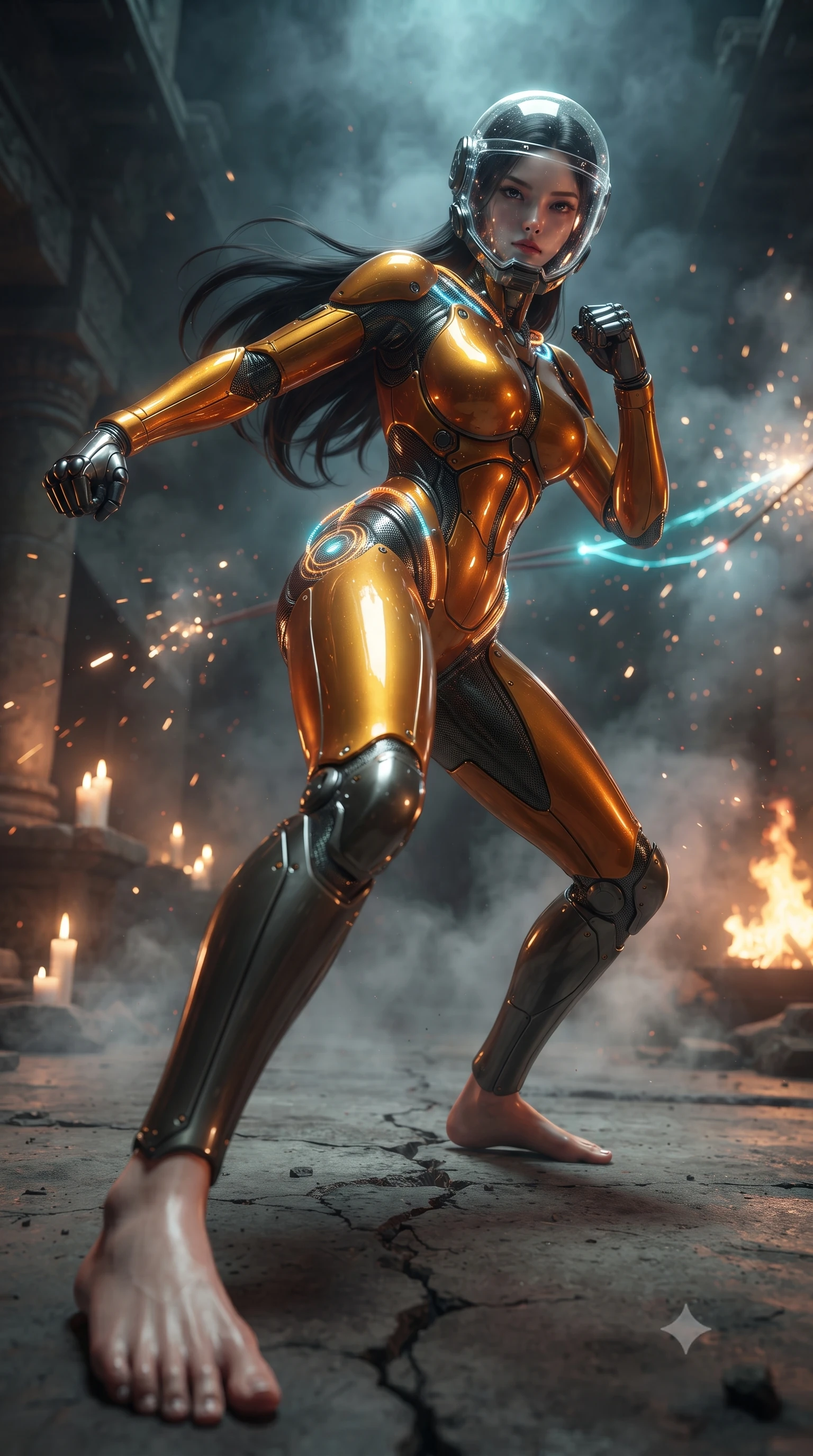 score_9, masterpiece, best quality, ultra-detailed, high-budget anime keyframe, editorial fashion photography, tasteful artistic composition, Korean woman. low angle full-body shot from head to toe showing her feet, filling the entire 9:16 vertical frame with her statuesque presence, stretching her vertical silhouette. pivoting dynamically in a high-speed low sweep kick along the cracked concrete, her athletic torso and ultra-slim waist twisting in a fluid arc of power while striding forward through drifting incense and cordite smoke with fierce, regal warrior composure. The composition keeps background elements in soft focus with creamy bokeh. sparks from severed high-voltage conduits scattering radiant light motes across a dark sacred battlefield. She has an absolutely perfect, statuesque 8.5-heads proportion, an exceptionally tall and slender model-like female figure with impossibly long slender legs, a toned flat midriff, and an ultra-slim waist. sharp v-shaped jawline, high-bridge nose, intricate jewel-like eyes with depth, thick eyelashes, glossy lips with a natural sheen, fierce and resolute heroine expression, flawlessly proportioned anatomical accuracy, strict slender model proportions, natural body alignment, perfectly sculpted long slender limbs, ultra-slim waistline, clean dynamic posture without body distortion. wearing a crystal-clear transparent armored riot-visor helmet showing her entire beautiful face and determined expression with pristine clarity, paired with an ultra-sleek high-gloss carbon-composite exoskeleton suit featuring kinetic shock-absorbing shin guards and flexible limb articulation joints in molten amber-gold carbon cuirass with dark gunmetal weave, crafted from semi-translucent cybernetic carbon-vinyl interwoven with glowing micro-filaments, accented with glowing fiber-optic telemetry conduits tracing her collarbones and hip curves, the sleek second-skin cut tightly hugging her graceful clavicle, narrow waist, and feminine curves with athletic precision. bathed in flickering candlelight and blazing fires with cool cyan kinetic energy backlighting. ultra-reflective glossy finish, specular highlights, dark metallic sheen, high-contrast stereoscopic depth, volumetric dynamic lighting, 2k, ultra detail, master piece, 9:16 ratio
