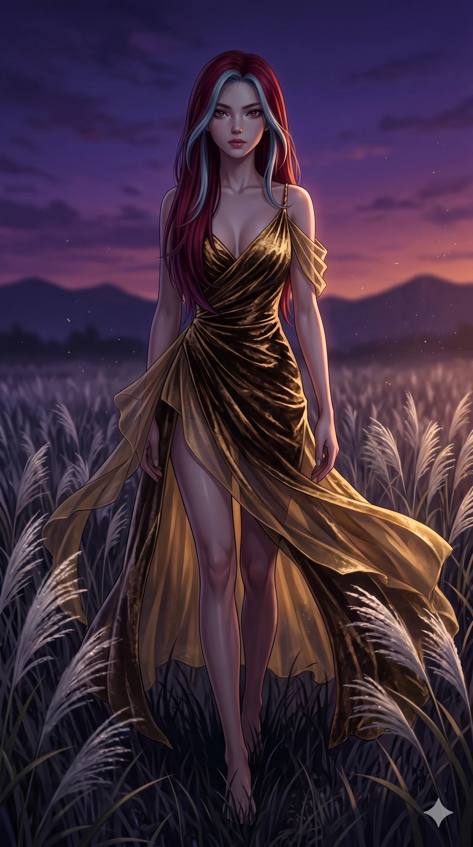 score_9, masterpiece, best quality, ultra-detailed, High-budget Anime Keyframe, East Asian woman. Dynamic full-body shot stretching the vertical silhouette to the limit. Scenario 68: Walking through a field of tall silver grass at twilight. Her presence is magnetic and overpowering in this high-budget anime scene. Outfit 68: A crushed dark velvet gold with a low-cut shoulder and translucent layers. The clothing is designed to emphasize her exceptionally tall and slender 8-heads proportion. 8-heads proportion, towering silhouette, ultra-slim waist. sharp v-shaped jawline, intricate jewel-like eyes with depth, thick eyelashes, glossy lips. 2k, ultra detail, master piece, 9:16 ratio