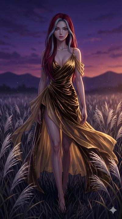 score_9, masterpiece, best quality, ultra-detailed, High-budget Anime Keyframe, East Asian woman. Dynamic full-body shot stretching the vertical silhouette to the limit. Scenario 68: Walking through a field of tall silver grass at twilight. Her prese