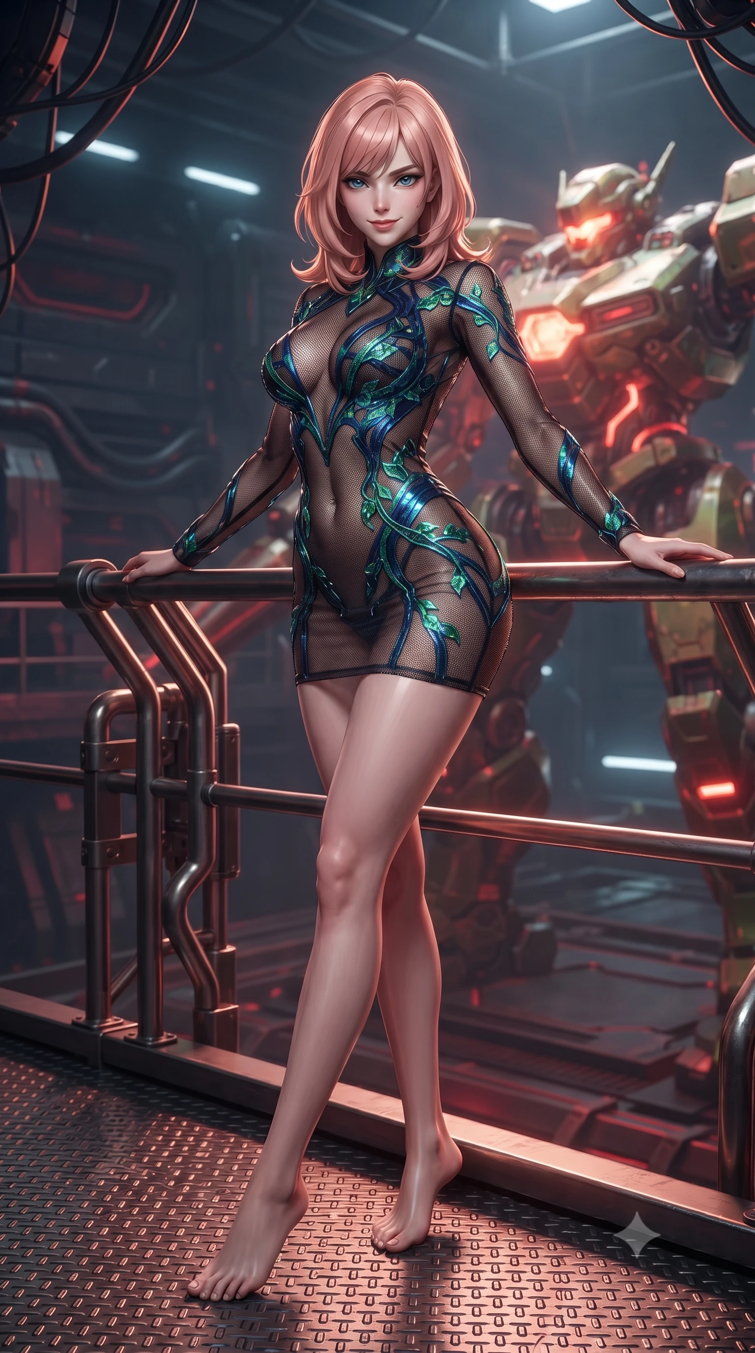 score_9, masterpiece, best quality, ultra-detailed, high-budget anime keyframe, editorial fashion photography, tasteful artistic composition, Japanese woman. low angle full-body shot from head to toe showing her feet, filling the entire 9:16 vertical frame with her statuesque presence, stretching her vertical silhouette. stepping slowly toward the camera with hypnotic grace, hips swaying in an alluring sensual rhythm that accentuates her curvy hourglass silhouette and long slender legs while leaning against the thermal blast balustrade with hips cocked back, looking through rising copper heat ripples at glowing mech chassis with smoldering bedroom-eyes. The surrounding environment is rendered in vivid detail and crisp panoramic clarity: sharp heavy-gauge steel diamond tread, glowing red weld seams on armor plates, and heavy hydraulic cooling conduits in deep focus. She has an exceptionally tall and slender model-like 8.5-heads proportion, an ultra-slim waist, a flat toned midriff, narrow delicate ribcage, and beautifully sculpted feminine hips creating a graceful, slim hourglass silhouette without any bulky heaviness, with impossibly long slender legs. sharp v-shaped jawline, high-bridge nose, intricate jewel-like sparkling eyes with depth, thick eyelashes, glossy parted lips with a natural peach sheen, bright cheerful beaming smile with an enchanting and coquettish sensual glint, exuding both youthful cute charm and seductive allure, flawlessly proportioned anatomical accuracy, strict slender model proportions, natural body alignment, perfectly sculpted long slender limbs, ultra-slim waistline, clean dynamic posture without body distortion. wearing a provocative sheer noir illusion mesh combat dress with embroidered climbing metallic ivy ribbons contouring her curves in bioluminescent emerald and abyssal sapphire, crafted from stretch micro-mesh with liquid foil coating that shimmers with every movement, finished with sleek magnetic buckle closures fluttering in the breeze, the liquid-tight tailored fabric clinging flawlessly to her narrow waist and rounded feminine hips, emphasizing every millimeter of her sculpted slim hourglass curves without any bulky heaviness. illuminated by molten slag reflection bounce and sharp copper-gold rim lights sculpting her razor-sharp jawline, narrow waist, and curvy hips. ultra-reflective glossy finish, specular highlights, rich textural contrasts, high-contrast stereoscopic depth, volumetric dynamic lighting, 2k, ultra detail, master piece, 9:16 ratio