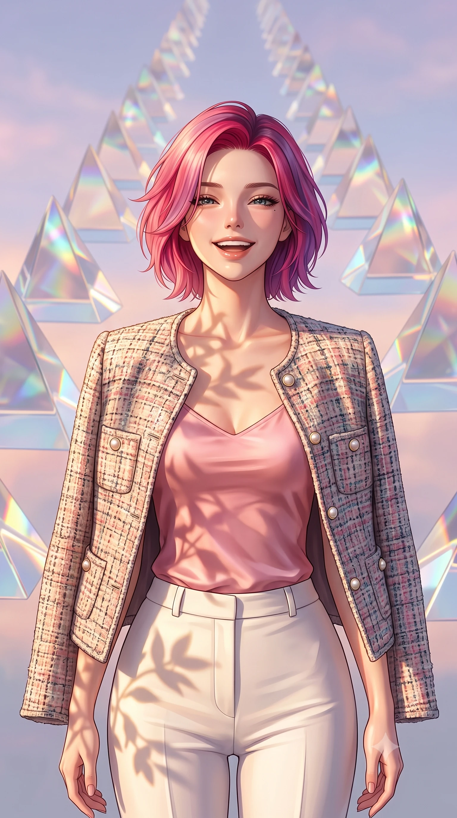 score_9, masterpiece, best quality, ultra-detailed, high-budget anime keyframe, editorial fashion photography, tasteful artistic composition, Caucasian woman, strictly human ears. close-up cowboy shot from the waist and thighs up, the character dominates the composition, filling the frame with her large presence, background elements kept in soft focus. Gently laughing with her head tilted back slightly in relaxed joy. set against a soft-focus background of on a pathway made of solid triangular glass prisms floating in a pastel sky, bending all light that passes through it. She has an exceptionally elegant, slender, and willowy female figure with a highly-defined ultra-slim waist, a gracefully sculpted slender torso, and a refined slim-fit silhouette that contours her form. sharp v-shaped jawline, high-bridge nose, intricate jewel-like eyes with depth, thick eyelashes, glossy lips with a natural sheen. wearing a structured tweed jacket with pearl buttons over a pink silk camisole and white trousers. warm golden afternoon sunbeams casting soft organic leaf shadows across her skin. 2k, ultra detail, master piece, 9:16 ratio