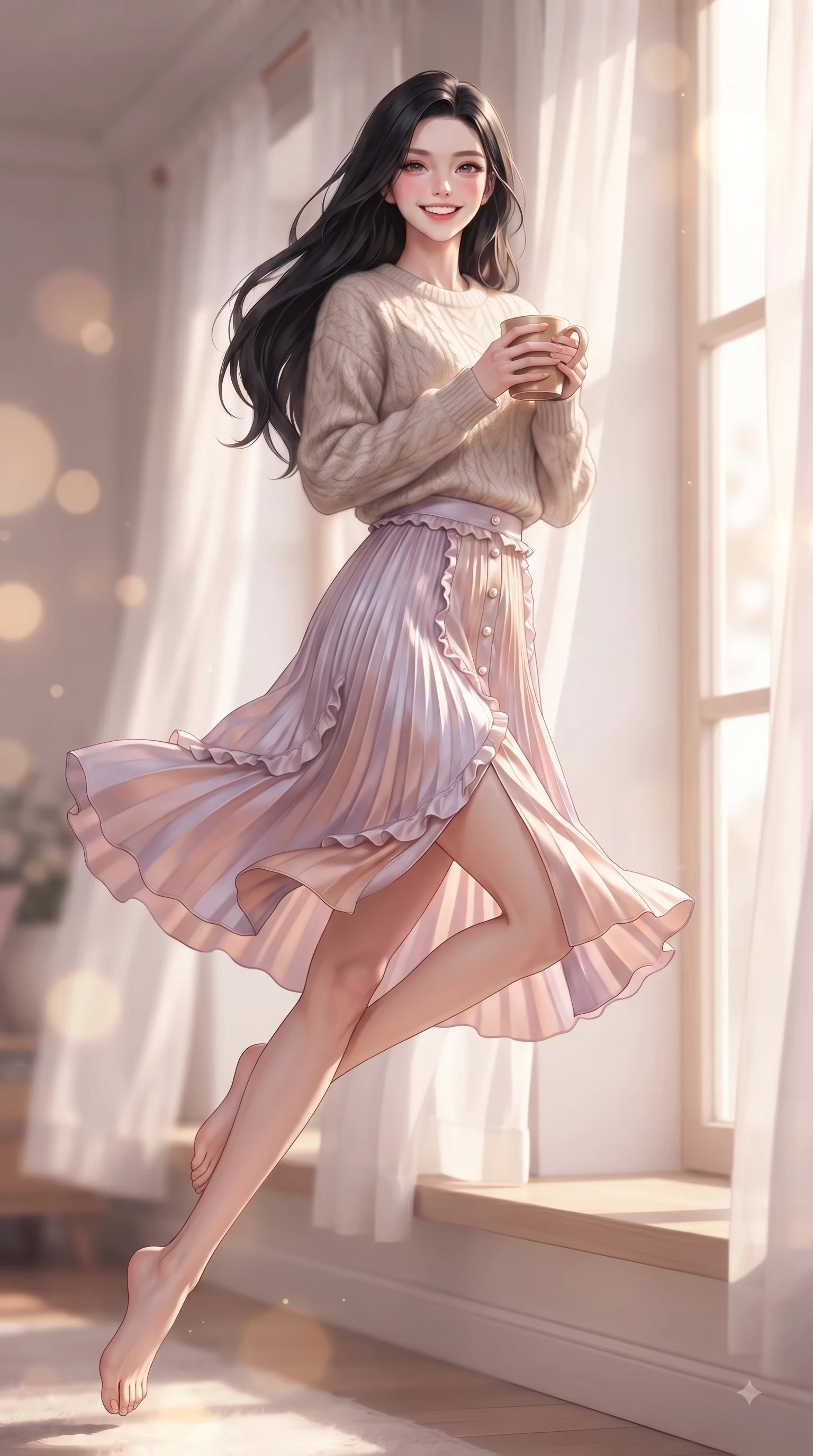 score_9, masterpiece, best quality, ultra-detailed, high-budget anime keyframe, editorial fashion photography, tasteful artistic composition, Korean woman. low angle full-body shot from head to toe showing her feet, filling the entire 9:16 vertical frame with her statuesque presence, stretching her vertical silhouette. leaping with pure youthful energy through the scene with a radiant bright smile, her long slender legs balanced gracefully while sitting near a sun-drenched window sill holding a warm mug of cocoa with a tender, happy expression. The composition keeps background elements in soft focus with dreamy bokeh. soft sheer white curtains and sunlit window frames softened by warm interior depth of field. She has an absolutely perfect, statuesque 8.5-heads proportion, an exceptionally tall and slender model-like female figure with impossibly long slender legs and an ultra-slim waist. sharp v-shaped jawline, high-bridge nose, intricate jewel-like eyes with depth, thick eyelashes, glossy lips with a natural sheen, flawlessly proportioned anatomical accuracy, natural body alignment, perfectly sculpted elegant limbs, clean dynamic posture without body distortion. wearing a soft oatmeal cashmere pullover sweater paired with a flowing pleated satin skirt in pastel lilac and soft rose gold, knitted from soft cozy cashmere yarn, finished with subtle ruffle trims and delicate pearl buttons, the soft airy drape swaying gracefully with her dynamic movements. surrounded by a peaceful, intimate, and relaxing home atmosphere. ultra-reflective glossy finish, specular highlights, metallic sheen, high-contrast stereoscopic depth, volumetric dynamic lighting, 2k, ultra detail, master piece, 9:16 ratio
