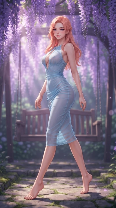 score_9, masterpiece, best quality, ultra-detailed, high-budget anime keyframe, editorial fashion photography, tasteful artistic composition, Japanese woman woman. low angle full-body shot from head to toe showing her feet, filling the entire 9:16 ve