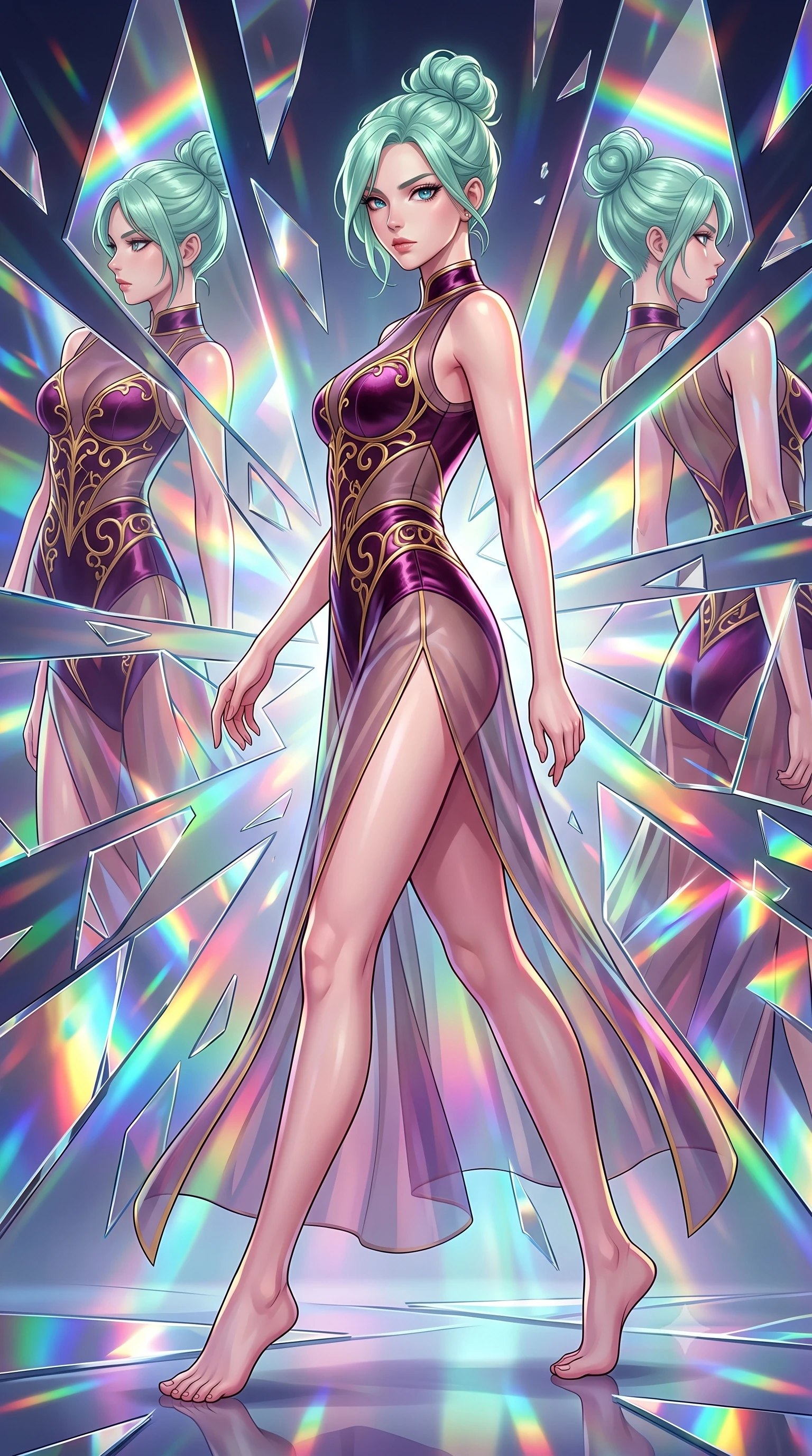 score_9, masterpiece, best quality, ultra-detailed, high-budget anime keyframe, editorial fashion photography, tasteful artistic composition, Japanese woman. low angle full-body shot from head to toe showing her feet, filling the entire 9:16 vertical frame with her statuesque presence, stretching her vertical silhouette. stepping forward in a proud dynamic stride, her vertical silhouette filling the frame with statuesque presence while turning in a sharp dynamic profile while surrounded by rotating shattered mirror shards, multiple mirror reflections capturing her statuesque form from dramatic angles. She has an absolutely perfect, statuesque 8.5-heads proportion, an exceptionally tall and slender model-like female figure with impossibly long slender legs and an ultra-slim waist. sharp v-shaped jawline, high-bridge nose, intricate jewel-like eyes with depth, thick eyelashes, glossy lips with a natural sheen, flawlessly proportioned anatomical accuracy, natural body alignment, perfectly sculpted elegant limbs, clean dynamic posture without body distortion. wearing a semi-opaque sheer overlay dress over a leather micro-bodysuit in plum purple and gold filigree, made of premium stretch velvet with a rich sheen, finished with a sleek side slit ascending to mid-thigh, the sleek second-skin texture accentuating her magnetic presence. bathed in brilliant multi-color rainbow light refracting through mirror fragments. highly saturated vibrant anime colors, detailed shading with soft gradients, rich glossy textures, high-contrast stereoscopic depth, volumetric dynamic lighting, master piece, 9:16 ratio