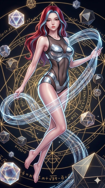 score_9, masterpiece, best quality, ultra-detailed, high-budget anime keyframe, Korean woman. upper body close-up from the thighs up, character filling the screen for maximum presence. floating gracefully in a mathematical mandala void filled with go