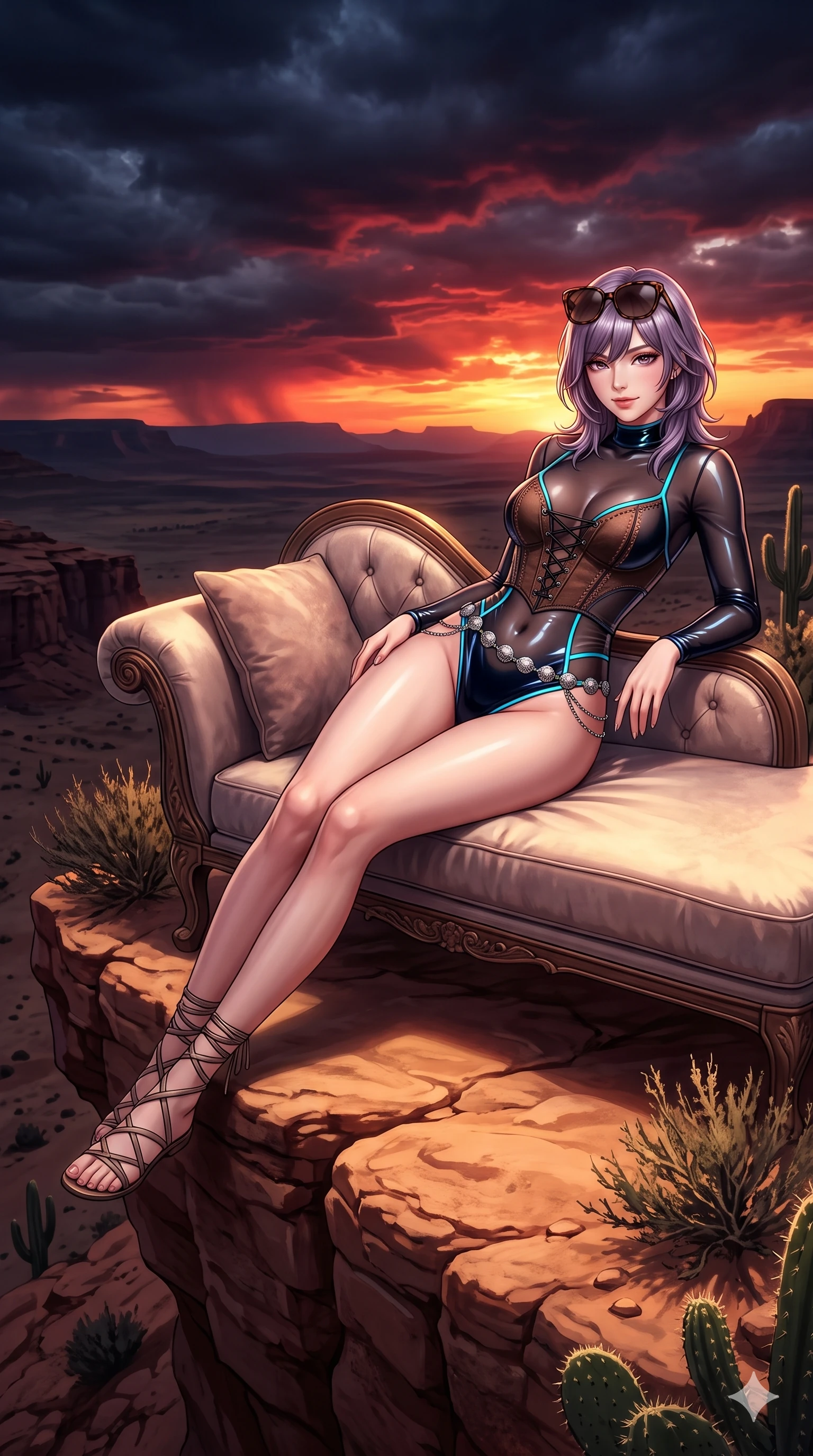score_9, masterpiece, best quality, ultra-detailed, high-budget anime keyframe, semi-realistic 3D game render, editorial fashion photography, tasteful artistic composition, Japanese woman. low angle full-body shot from head to toe showing her feet, filling the entire 9:16 vertical frame with her statuesque presence, stretching her vertical silhouette. reclining gracefully across the plush chaise lounge with one leg extended, her sculpted silhouette and flat midriff radiating magnetic nocturnal glamour while walking slowly along the natural sandstone ridge with hypnotic grace, hips swaying in an alluring sensual rhythm that accentuates her curvy hourglass silhouette. The surrounding environment is rendered in vivid detail and crisp panoramic clarity: detailed plunging lace-up suede bustier tailoring, silver concho waist chain, and epic desert wilderness in razor-sharp precision. She has an absolutely perfect, statuesque 8.5-heads proportion, an exceptionally tall and slender model-like female figure with impossibly long slender legs, an ultra-slim waist, a flat toned midriff, narrow delicate ribcage, and beautifully sculpted feminine hips creating a graceful, slim hourglass silhouette without any bulky heaviness. sharp v-shaped jawline, high-bridge nose, sparkling eyes with hypnotic seductive depth, thick curled eyelashes, glossy parted lips with a natural dewy peach sheen, alluring bedroom-eyes with an enchanting coquettish smile, exuding magnetic siren charisma and sophisticated glamour, flawlessly proportioned anatomical accuracy, strict slender model proportions, natural body alignment, perfectly sculpted long slender limbs, ultra-slim waistline, clean dynamic posture without body distortion. wearing a delicate semi-translucent wet-look mesh bodysuit clinging sheerly to her sculpted torso and hip curves in midnight obsidian black and neon cyan piping, crafted from wet-look high-gloss vinyl fabric with dazzling specular surface reflections, complemented by oversized designer tortoiseshell sunglasses resting atop her head, the form-contouring cut accentuating her sculpted flat midriff, narrow delicate ribcage, and gracefully curvy hips with intoxicating allure. bathed in the dramatic, rich crimson and molten-gold illumination of the setting sun piercing beneath dark storm clouds. highly saturated vibrant anime colors, detailed shading with soft gradients, rich glossy textures, high-contrast stereoscopic depth, volumetric dynamic lighting, master piece, 9:16 ratio
