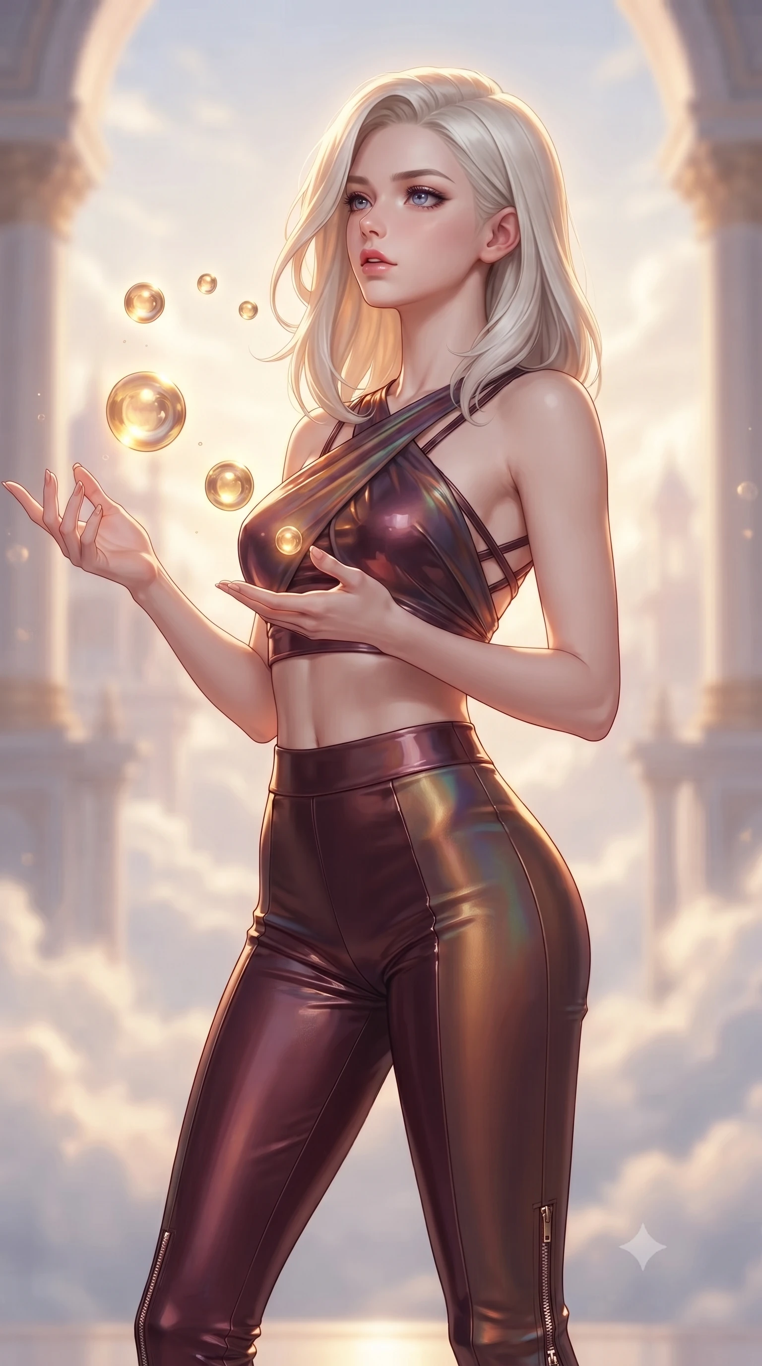 score_9, masterpiece, best quality, ultra-detailed, high-budget anime keyframe, editorial fashion photography, tasteful artistic composition, Caucasian woman. close-up cowboy shot from the waist and thighs up, the character dominates the composition, filling the frame with her large presence, background elements kept in soft focus. Tilting her chin up slightly with lips parted in a magnetic, composed expression interacting with floating golden water Orbs in a cloudtop palace court, golden hour sunbursts creating a majestic rim lighting effect. She has an exceptionally elegant, slender, and willowy female figure with an ultra-slim waist, a gracefully sculpted slender torso, and a refined silhouette. sharp v-shaped jawline, high-bridge nose, intricate jewel-like eyes with depth, thick eyelashes, glossy lips with a natural sheen. wearing a glossy vinyl crop top and high-waist tailored leggings with sleek zippers in deep burgundy and bronze, crafted from iridescent chiffon that shifts colors in the light, complemented by criss-cross back straps highlighting her bare shoulders, the elegant draped fit framing her graceful clavicle and slender torso. bathed in glorious golden hour sunbeams and warm rose-gold ambient light. ultra-reflective glossy finish, specular highlights, metallic sheen, high-contrast stereoscopic depth, volumetric dynamic lighting, 2k, ultra detail, master piece, 9:16 ratio