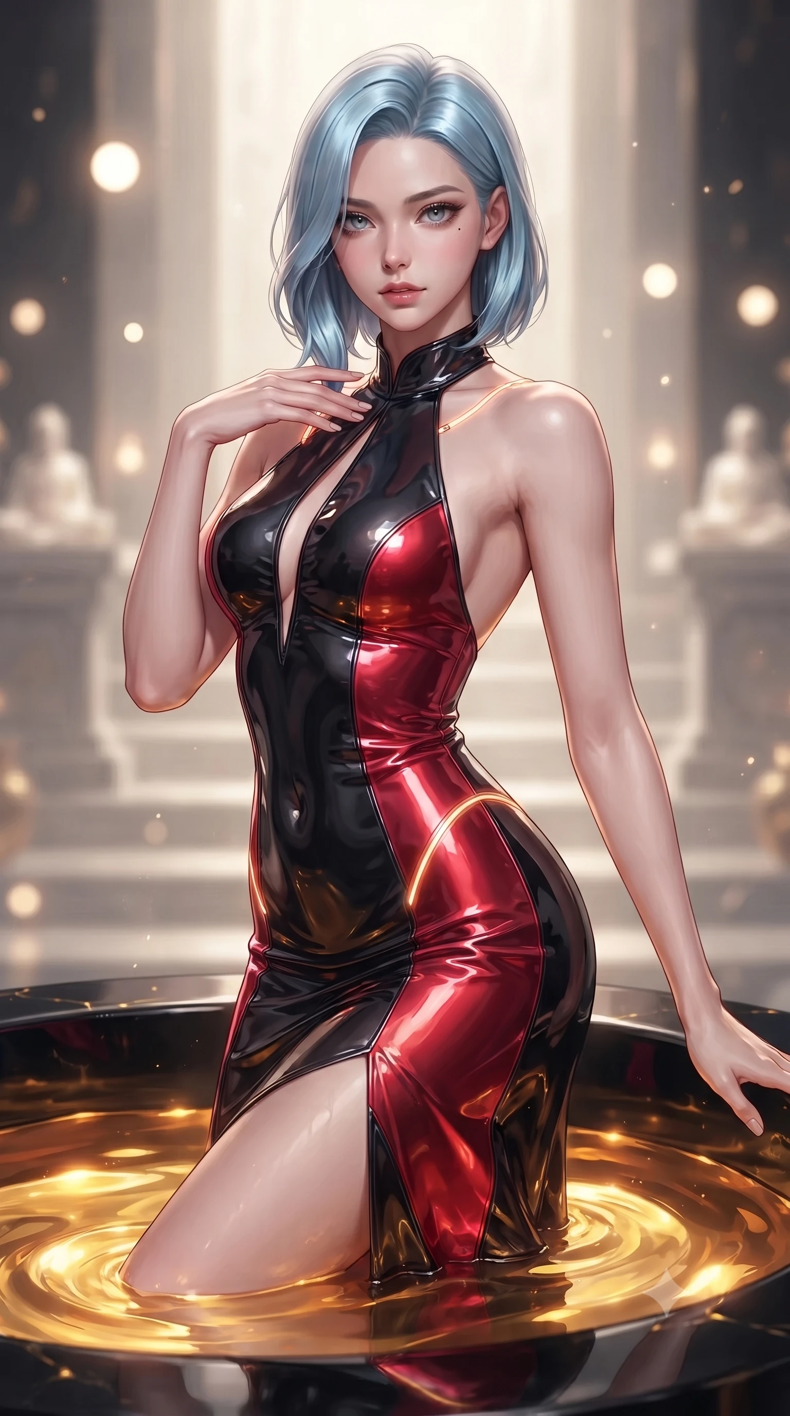 score_9, masterpiece, best quality, ultra-detailed, high-budget anime keyframe, editorial fashion photography, tasteful artistic composition, Korean woman. close-up cowboy shot from the waist and thighs up, the character dominates the composition, filling the frame with her large presence. gazing directly into the lens with bedroom eyes and a breathtaking, dangerous allure that commands the entire composition while partially submerged in a high-tech obsidian pool filled with glowing liquid gold. The composition keeps background elements in soft focus with creamy bokeh. distant cyber-temple altars and floating light orbs softened in deep atmospheric focus. She has an exceptionally elegant, slender, and willowy female figure with an ultra-slim waist, a gracefully sculpted slender torso, and a refined silhouette. sharp v-shaped jawline, high-bridge nose, intricate jewel-like eyes with depth, thick eyelashes, glossy lips with a natural sheen, flawlessly proportioned anatomical accuracy, natural body alignment, perfectly sculpted elegant limbs, clean dynamic posture without body distortion. wearing a velvet halter-neck midi dress fitting her statuesque contour flawlessly with a Tasteful chest slit and open spine in glossy obsidian black and radiant crimson red, formed from high-gloss patent material with specular light reflections, accented with glowing fiber-optic seams tracing her collarbones and hip curves, the daring cutouts accentuating her delicate midriff, graceful collarbones, and feminine contour. surrounded by a mysterious, opulent, and dangerously sensual sanctuary atmosphere. ultra-reflective glossy finish, specular highlights, metallic sheen, high-contrast stereoscopic depth, volumetric dynamic lighting, 2k, ultra detail, master piece, 9:16 ratio