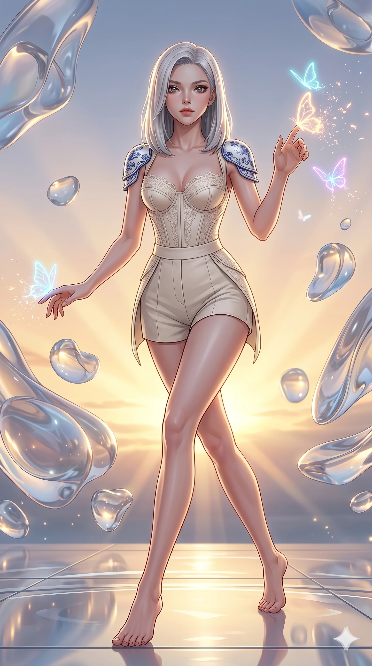 score_9, masterpiece, best quality, ultra-detailed, high-budget anime keyframe, editorial fashion photography, tasteful artistic composition, Korean woman. low angle full-body shot from head to toe showing her feet, filling the entire 9:16 vertical frame with her statuesque presence, stretching her vertical silhouette. lunging forward near through a digital wonderland filled with floating abstract glass sculptures while glowing neon butterflies disintegrate into micro-sparks at her touch. She has an absolutely perfect 8-heads proportion, an exceptionally tall and slender female figure with impossibly long slender legs and an ultra-slim waist. V-shaped jawline, high-bridge nose, intricate jewel-like eyes with depth, thick eyelashes, glossy lips with a natural sheen.. wearing a porcelain-engraved hard shoulder plate with blue patterns and a structured ivory lace-trimmed corset top with high-waisted shorts and elegant side-panel detailing. bathed in warm sunset rays that create a soft gold glow along her slender athletic build. 2k, ultra detail, master piece, 9:16 ratio