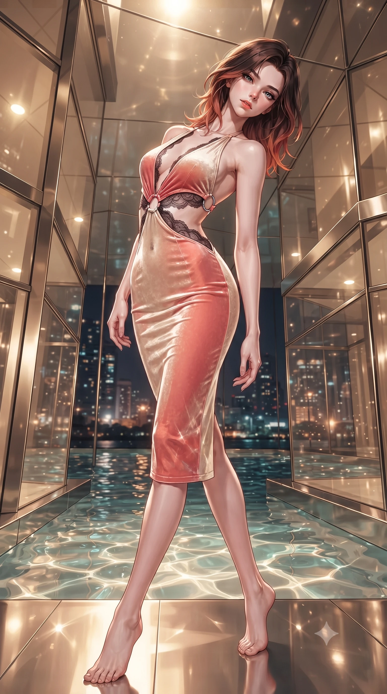 score_9, masterpiece, best quality, ultra-detailed, high-budget anime keyframe, editorial fashion photography, tasteful artistic composition, Korean woman. low angle full-body shot from head to toe showing her feet, filling the entire 9:16 vertical frame with her statuesque presence, stretching her vertical silhouette. arching her back in a fluid zero-gravity turn with sovereign grace, her long slender legs and sculpted torso creating a sweeping line while pivoting dynamically amidst geometric champagne-tinted glass panels reflecting sparkling sunbursts. The surrounding environment is rendered in vivid detail and crisp panoramic clarity. rich luminous architectural materials rendered with high environmental sharpness. She has an absolutely perfect, statuesque 8.5-heads proportion, an exceptionally tall and slender model-like female figure with impossibly long slender legs, a toned flat midriff, and an ultra-slim waist. sharp v-shaped jawline, high-bridge nose, intricate jewel-like eyes with depth, thick eyelashes, glossy lips with a natural sheen, flawlessly proportioned anatomical accuracy, strict slender model proportions, natural body alignment, perfectly sculpted long slender limbs, ultra-slim waistline, clean dynamic posture without body distortion. wearing a velvet halter-neck midi dress fitting her statuesque contour flawlessly with a Tasteful chest slit and open spine in radiant coral pink and champagne ivory, crafted from delicate dark lace interwoven with luminescent micro-fibers, detailed with polished silver rings connecting the daring side-waist cutouts, the liquid-tight tailored fabric emphasizing every curve of her tall, slender model proportions and sculptured silhouette during dynamic movement. bathed in warm champagne-gold sunbursts and sparkling aquatic water refractions. ultra-reflective glossy finish, specular highlights, metallic sheen, high-contrast stereoscopic depth, volumetric dynamic lighting, 2k, ultra detail, master piece, 9:16 ratio