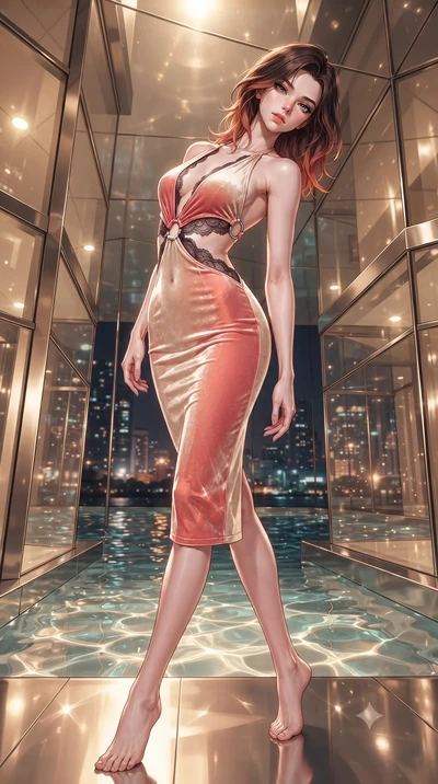 score_9, masterpiece, best quality, ultra-detailed, high-budget anime keyframe, editorial fashion photography, tasteful artistic composition, Korean woman. low angle full-body shot from head to toe showing her feet, filling the entire 9:16 vertical f