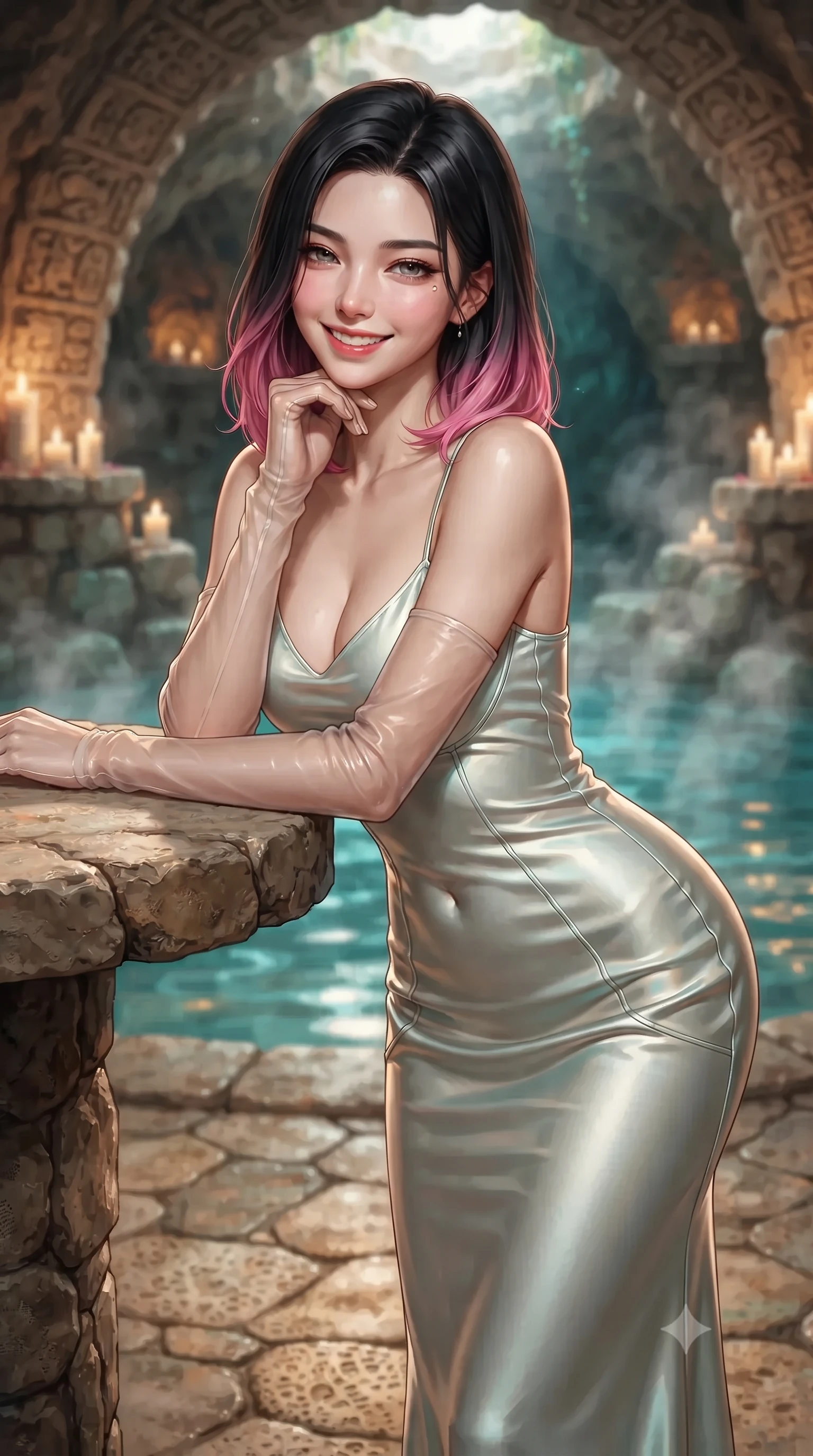score_9, masterpiece, best quality, ultra-detailed, high-budget anime keyframe, editorial fashion photography, tasteful artistic composition, Korean woman. close-up cowboy shot from the waist and thighs up, the character dominates the composition, filling the frame with her large presence. resting one elbow on the table and supporting her chin, leaning close to the camera with heavy-lidded sparkling eyes and parted lips while standing poised on the heated fossilized coral stone floor beside the thermal mineral plunge pool inside the natural cave, arching her spine with wet-look siren grace. The background shows a soft-focus natural vaulted limestone cave ceilings with carved Mayan glyphs, flickering candles on stone ledges, and fragrant rising steam blurred into turquoise, amber, and cream bokeh. She has an exceptionally elegant, slender, and willowy female figure with an ultra-slim waist, flat toned midriff, narrow ribcage, and sculpted feminine hips creating an alluring, slim hourglass silhouette without bulk. sharp v-shaped jawline, high-bridge nose, intricate jewel-like sparkling eyes with depth, thick eyelashes, glossy parted lips with a natural peach sheen, bright cheerful beaming smile with an enchanting and coquettish sensual glint, exuding both youthful cute charm and seductive allure, flawlessly proportioned anatomical accuracy, strict slender model proportions, natural body alignment, perfectly sculpted long slender limbs, ultra-slim waistline, clean dynamic posture without body distortion. wearing a sculpted liquid satin bias-cut slip dress tailored with contouring seams that adhere flawlessly over her feminine hips in Deauville Belle Époque champagne luster and seafoam pearl, made of fluid liquid jersey with seamless sculpting hold and smooth contours, complemented by sheer opera-length evening gloves tracing her slender arms, the second-skin tailored fabric adhering flawlessly to her sculpted flat midriff and slender torso, emphasizing her long leg lines and perfectly proportioned willowy build. illuminated by cave water reflection bounce and sharp honey-gold rim lights defining her razor-sharp jawline, narrow waist, and curvy hips. ultra-reflective glossy finish, specular highlights, rich textural contrasts, high-contrast stereoscopic depth, volumetric dynamic lighting, 2k, ultra detail, master piece, 9:16 ratio