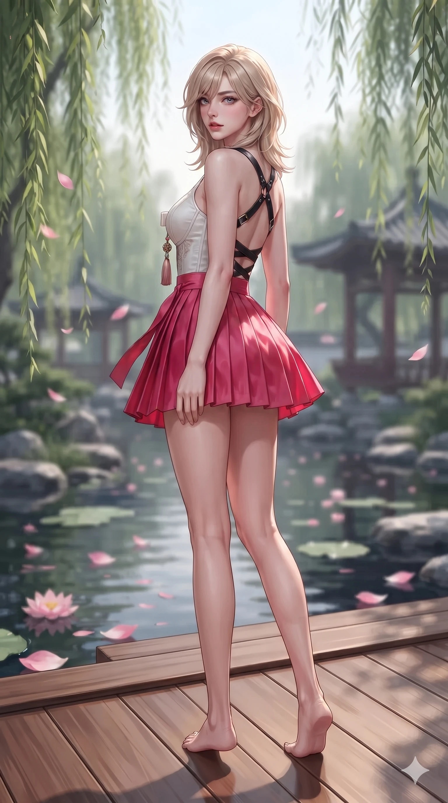 score_9, masterpiece, best quality, ultra-detailed, high-budget anime keyframe, editorial fashion photography, tasteful artistic composition, Japanese woman. low angle full-body shot from head to toe showing her feet, filling the entire 9:16 vertical frame with her statuesque presence, stretching her vertical silhouette. executing a slow, graceful pivot turn as her silk wrap skirt sways around her slender legs, glancing back with an enchanting, teasing sensual expression while stepping slowly along the polished wooden decking with hypnotic grace, hips swaying in an alluring sensual rhythm that accentuates her curvy hourglass silhouette. The background shows a soft-focus swaying weeping willow branches, floating pink lotus petals, and distant garden pavilions blurred into rose, celadon, and slate bokeh. She has an absolutely perfect, statuesque 8.5-heads proportion, an exceptionally tall and slender model-like female figure with impossibly long slender legs, an ultra-slim waist, a flat toned midriff, narrow delicate ribcage, and beautifully sculpted feminine hips creating a graceful, slim hourglass silhouette without any bulky heaviness. sharp v-shaped jawline, high-bridge nose, sparkling eyes with hypnotic seductive depth, thick curled eyelashes, glossy parted lips with a natural dewy peach sheen, alluring bedroom-eyes with an enchanting coquettish smile, exuding magnetic siren charisma and sophisticated glamour, flawlessly proportioned anatomical accuracy, strict slender model proportions, natural body alignment, perfectly sculpted long slender limbs, ultra-slim waistline, clean dynamic posture without body distortion. wearing a modern boned hanbok bustier top with norigae tassel paired with an ultra-short micro-pleated silk wrap mini skirt in pure snow white and vivid cherry blossom crimson, made of liquid dark mercury jersey with seamless sculpting hold and fluid drape, featuring an open-back criss-cross harness strap in patent black leather, the form-fitting cut adhering flawlessly to her sculpted flat midriff and slender torso, emphasizing her long leg lines and perfectly proportioned willowy build. illuminated by dark water reflection bounce and sharp silver-rose rim lights defining her razor-sharp jawline, narrow waist, and curvy hips. ultra-reflective glossy finish, specular highlights, rich textural contrasts, high-contrast stereoscopic depth, volumetric dynamic lighting, 2k, ultra detail, master piece, 9:16 ratio