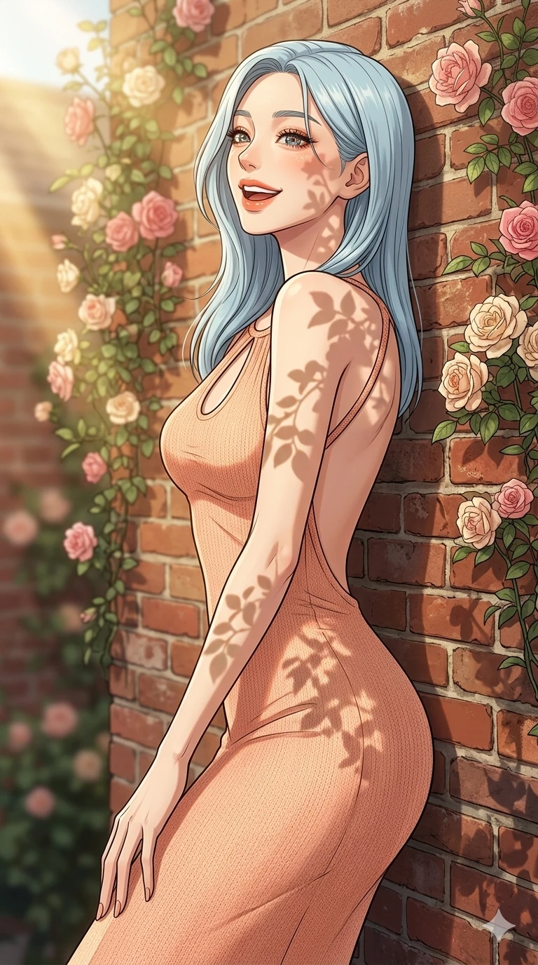 score_9, masterpiece, best quality, ultra-detailed, high-budget anime keyframe, editorial fashion photography, tasteful artistic composition, Korean woman. cowboy shot from the thighs up, character and outfit filling the frame for maximum editorial presence. turning her face to the light with a playful, teasing laugh, her eyes full of joyful warmth leaning against a rustic brick wall in a sunlit private courtyard filled with blooming roses. She has an absolutely perfect 8-heads proportion, an exceptionally tall and slender female figure with impossibly long slender legs and an ultra-slim waist. V-shaped jawline, high-bridge nose, intricate jewel-like eyes with depth, thick eyelashes, glossy lips with a natural sheen. wearing a form-fitting peach-colored knit dress with an elegant keyhole cutout and bare back design. bathed in warm, golden afternoon sunbeams casting soft organic shadows of rose leaves on her skin. 2k, ultra detail, master piece, 9:16 ratio