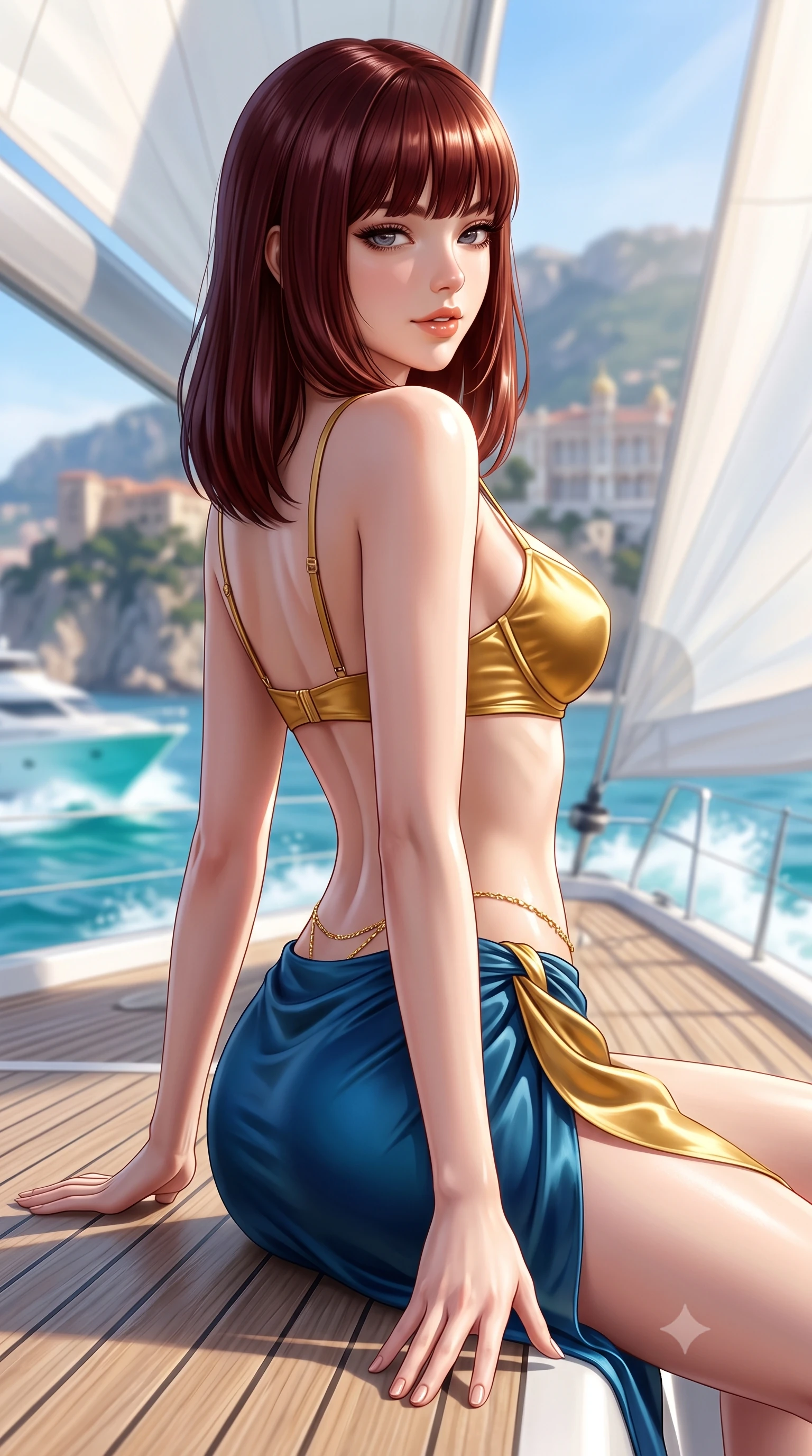 score_9, masterpiece, best quality, ultra-detailed, high-budget anime keyframe, semi-realistic 3D game render, editorial fashion photography, tasteful artistic composition, Caucasian woman. close-up cowboy shot from the waist and thighs up, the character dominates the composition, filling the frame with her large presence. posing in an alluring rear three-quarter angle, looking over a bare shoulder with parted glossy lips, her hips cocked back to highlight her slim hourglass curve while lounging gracefully on the flush teak deck propped on one hand, her flat midriff and long slender legs commanding the open sea. The background shows a soft-focus billowing sails, turquoise bow wave wake, and the distant Monaco palace cliffs blurred into seafoam, cobalt, and amber bokeh. She has an exceptionally elegant, slender, and willowy female figure with an ultra-slim waist, flat toned midriff, narrow ribcage, and sculpted feminine hips creating an alluring, slim hourglass silhouette without bulk. sharp v-shaped jawline, high-bridge nose, sparkling eyes with hypnotic seductive depth, thick curled eyelashes, glossy parted lips with a natural dewy peach sheen, alluring bedroom-eyes with an enchanting coquettish smile, exuding magnetic siren charisma and sophisticated glamour, flawlessly proportioned anatomical accuracy, strict slender model proportions, natural body alignment, perfectly sculpted long slender limbs, ultra-slim waistline, clean dynamic posture without body distortion. wearing a structured underwire bikini bustier top paired with an ultra-short draped sarong wrap mini skirt in molten liquid gold and deep ocean sapphire, crafted from fluid liquid silk satin that clings smoothly to every curve with a dewy sheen, accented with a dainty gold belly chain resting across her flat midriff and curving hips, the high-slit wrap tailoring accentuating her ultra-slim waistline and the enchanting curve of her feminine hips with alluring seductive charm. bathed in intense maritime sunlight reflecting from open Mediterranean waters and crisp white sails. highly saturated vibrant anime colors, detailed shading with soft gradients, rich glossy textures, high-contrast stereoscopic depth, volumetric dynamic lighting, master piece, 9:16 ratio