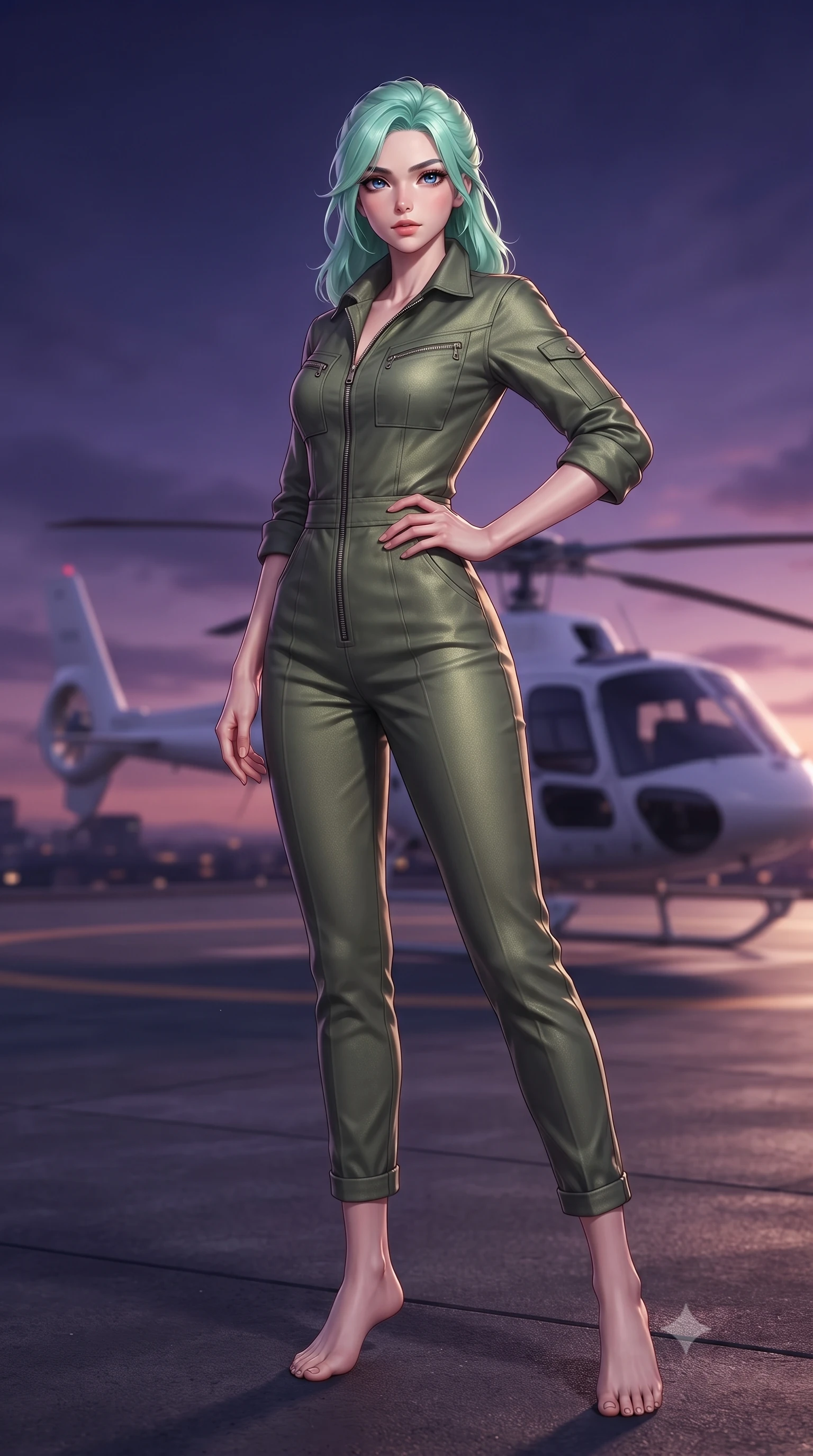score_9, masterpiece, best quality, ultra-detailed, high-budget anime keyframe, editorial fashion photography, tasteful artistic composition, Japanese woman. low angle full-body shot from head to toe showing her feet, filling the entire 9:16 vertical frame with her statuesque presence, stretching her vertical silhouette. posing confidently with one hand on her hip, stretching her statuesque body to emphasize her curves the background shows a soft-focus a high-rise rooftop helipad with a sleek white helicopter during a dramatic dusk. She has an absolutely perfect, statuesque 8.5-heads proportion, an exceptionally tall and slender model-like female figure with impossibly long slender legs and an ultra-slim waist. sharp v-shaped jawline, high-bridge nose, intricate jewel-like eyes with depth, thick eyelashes, glossy lips with a natural sheen. wearing a body-hugging comfortable olive green cotton utility jumpsuit with a structured collar and rolled-up sleeves. the deep violet and orange twilight sky casting a majestic glow over the tarmac. ultra-reflective glossy finish, specular highlights, metallic sheen, high-contrast stereoscopic depth, volumetric dynamic lighting, 2k, ultra detail, master piece, 9:16 ratio