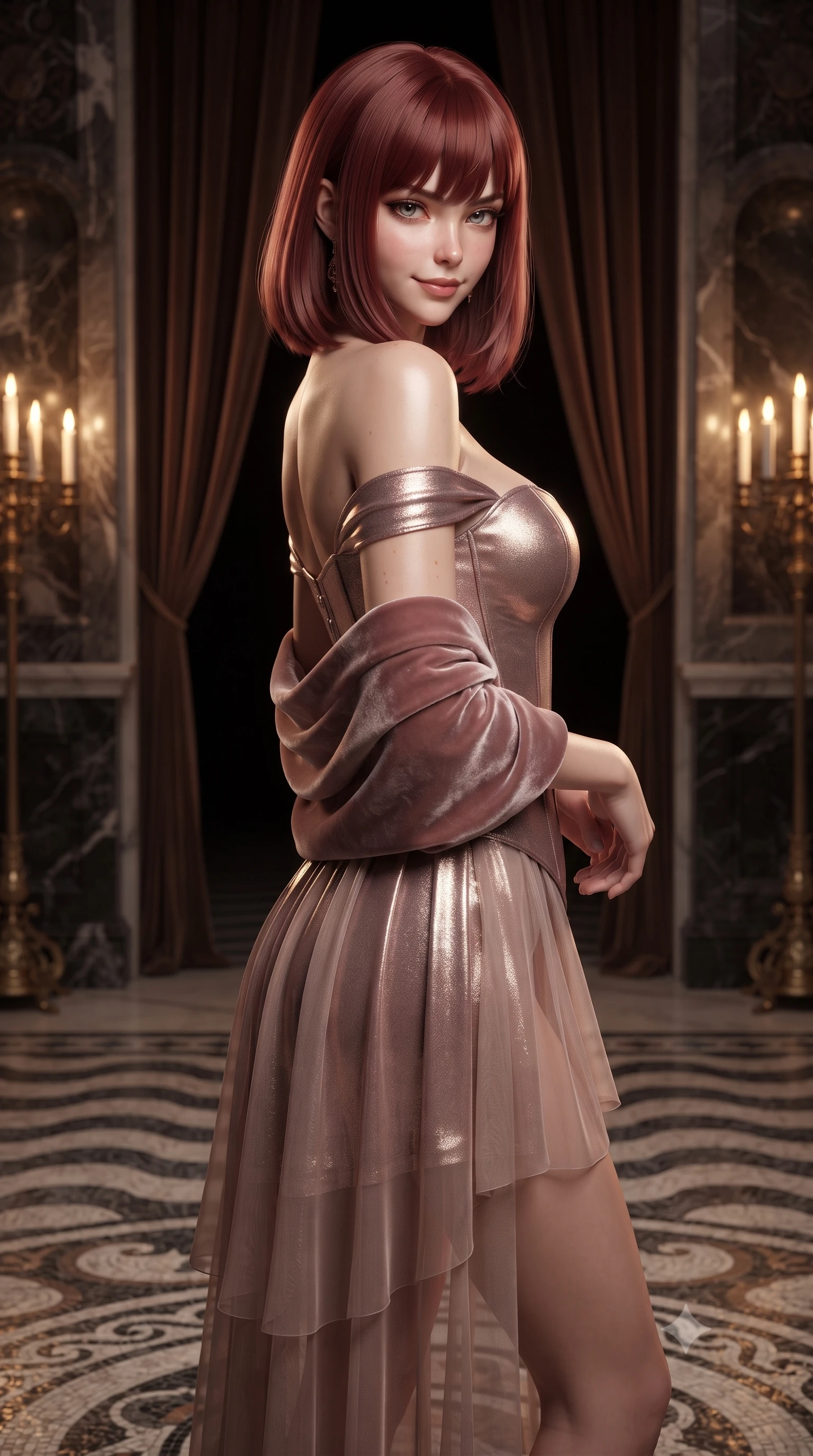 score_9, masterpiece, best quality, ultra-detailed, high-budget anime keyframe, editorial fashion photography, tasteful artistic composition, Caucasian woman. close-up cowboy shot from the waist and thighs up, the character dominates the composition, filling the frame with her large presence. turning over a bare shoulder with an intoxicating, teasing smile, her soft hair framing her sharp jawline as her hips angle gracefully while standing poised on the ancient wave-patterned marble mosaic floor, twisting her slender torso in an alluring S-curve under flickering brass candelabras. The composition keeps background elements in soft focus with creamy bokeh. heavy velvet doorway drapes and dark marble niches softened in majestic sacred shallow focus. She has an exceptionally elegant, slender, and willowy female figure with an ultra-slim waist, flat toned midriff, narrow ribcage, and sculpted feminine hips creating an alluring, slim hourglass silhouette without bulk. sharp v-shaped jawline, high-bridge nose, intricate jewel-like eyes with depth, thick eyelashes, glossy parted lips with a natural sheen, intensely captivating and seductive bedroom-eyes expression, flawlessly proportioned anatomical accuracy, strict slender model proportions, natural body alignment, perfectly sculpted long slender limbs, ultra-slim waistline, clean dynamic posture without body distortion. wearing an off-shoulder French court corset bodice dress paired with a tiered translucent chiffon slit skirt in dusky blush rose and champagne shimmer, crafted from luxurious metallic lamé that shifts radiance with every step, complemented by a plush velvet shawl draped loosely over her elbows, the liquid-tight tailored fabric clinging flawlessly to her narrow waist and rounded feminine hips, emphasizing every millimeter of her sculpted slim hourglass curves without any bulky heaviness. illuminated by flickering candle specular highlights accentuating her graceful neck, narrow waist, and curvy hips. ultra-reflective glossy finish, specular highlights, rich textural contrasts, high-contrast stereoscopic depth, volumetric dynamic lighting, 2k, ultra detail, master piece, 9:16 ratio