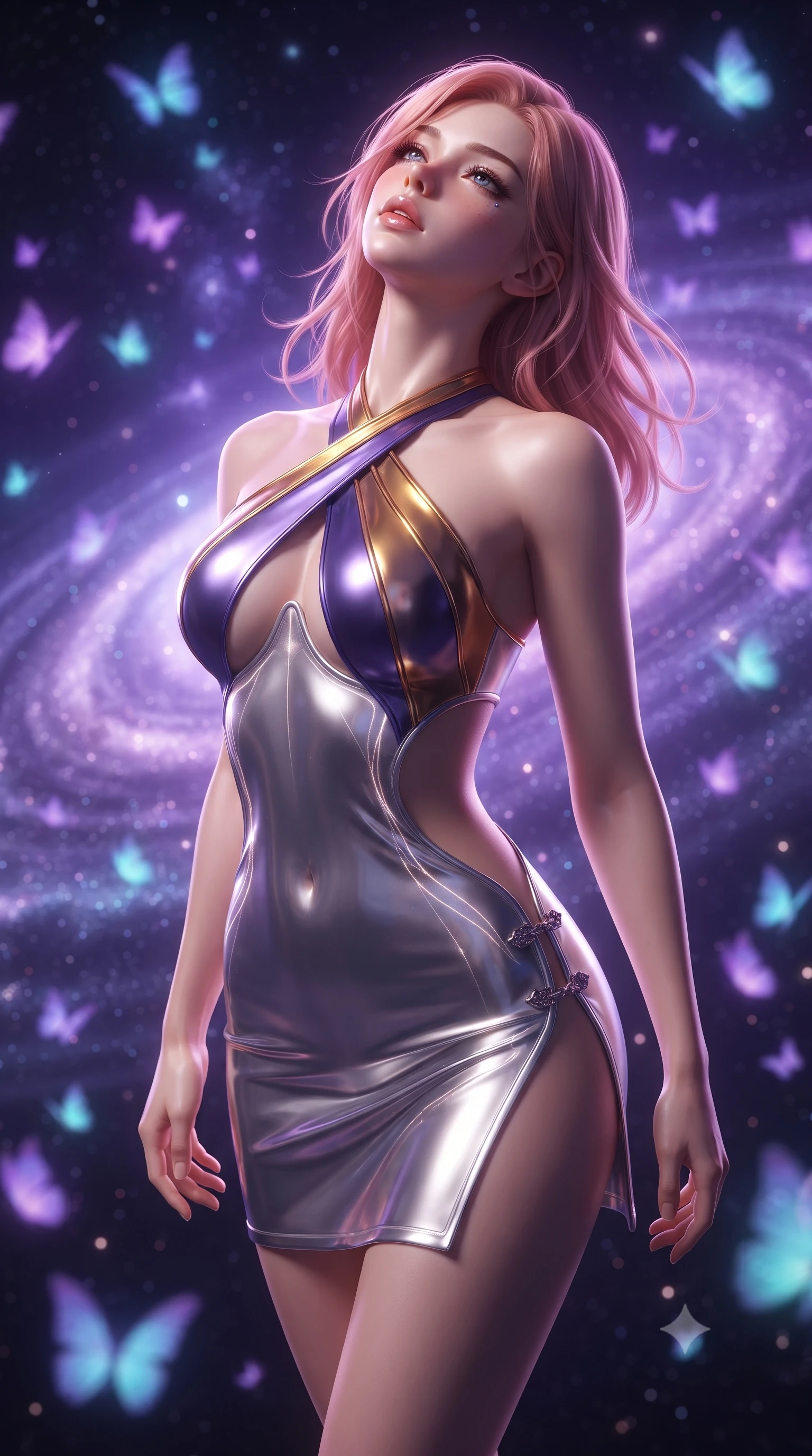 score_9, masterpiece, best quality, ultra-detailed, high-budget anime keyframe, editorial fashion photography, tasteful artistic composition, Japanese woman. close-up cowboy shot from the waist and thighs up, the character dominates the composition, filling the frame with her large presence. tilting her head back with a sensual alluring expression, exposing her throat and shoulders to the camera with heavy lashes and softly parted glossy lips while floating weightlessly inside a brilliant violet galaxy surrounded by swirling cosmic dust rings. The composition keeps background elements in soft focus with creamy bokeh. swirling cosmic nebulae and thousands of glowing butterflies blurred into dreamy violet and cyan bokeh. She has an exceptionally elegant, slender, and willowy female figure with an ultra-slim waist, a gracefully sculpted slender torso, and a refined silhouette. sharp v-shaped jawline, high-bridge nose, intricate jewel-like eyes with depth, thick eyelashes, glossy lips with a natural sheen, flawlessly proportioned anatomical accuracy, natural body alignment, perfectly sculpted elegant limbs, clean dynamic posture without body distortion. wearing a molten silver liquid-metal mini dress featuring deep side-waist cutouts and a daring crossover halter neckline in lustrous molten gold and pure deep violet, tailored from semi-translucent cybernetic vinyl with glowing micro-filaments, finished with an ultra-high side slit secured by miniature magnetic clasps, the form-contouring second-skin material highlighting her ultra-slim waist and long lines. surrounded by an enchanting, weightless, and dreamily sensual cosmic atmosphere. ultra-reflective glossy finish, specular highlights, metallic sheen, high-contrast stereoscopic depth, volumetric dynamic lighting, 2k, ultra detail, master piece, 9:16 ratio