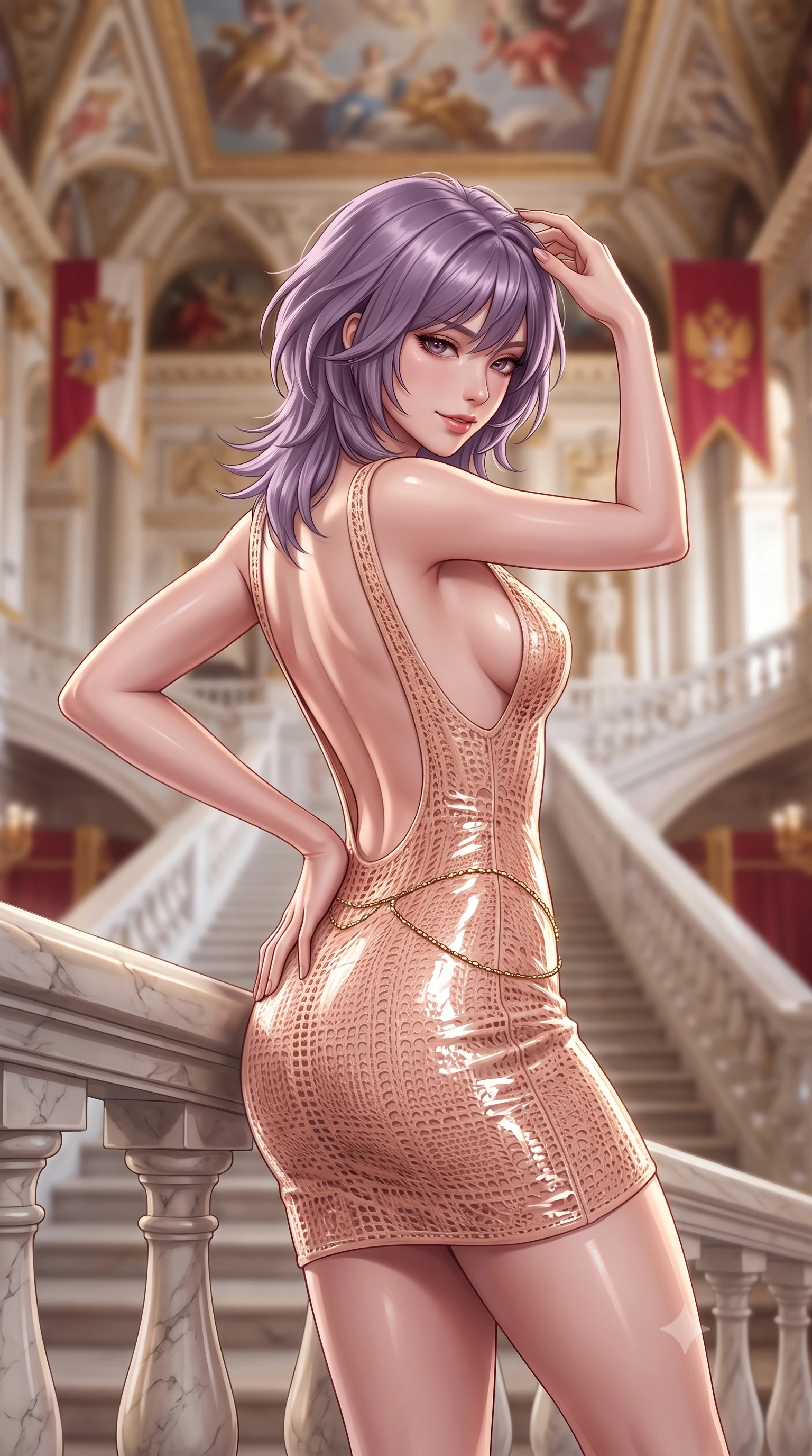 score_9, masterpiece, best quality, ultra-detailed, high-budget anime keyframe, semi-realistic 3D game render, editorial fashion photography, tasteful artistic composition, Japanese woman. close-up cowboy shot from the waist and thighs up, the character dominates the composition, filling the frame with her large presence. twisting her slender torso in an alluring contrapposto stance, one hand resting on her sculpted hip while her fingers toy with her hair with effortless poise while leaning against the sculpted marble balustrade with hips cocked back, looking down the grand staircase with an intoxicating bedroom-gaze. The background shows a soft-focus monumental marble imperial staircase with double sweeping flights, soaring mythological ceiling frescoes, and imperial heraldic banners blurred into ivory, ruby, and gold bokeh. She has an exceptionally elegant, slender, and willowy female figure with an ultra-slim waist, flat toned midriff, narrow ribcage, and sculpted feminine hips creating an alluring, slim hourglass silhouette without bulk. sharp v-shaped jawline, high-bridge nose, sparkling eyes with hypnotic seductive depth, thick curled eyelashes, glossy parted lips with a natural dewy peach sheen, alluring bedroom-eyes with an enchanting coquettish smile, exuding magnetic siren charisma and sophisticated glamour, flawlessly proportioned anatomical accuracy, strict slender model proportions, natural body alignment, perfectly sculpted long slender limbs, ultra-slim waistline, clean dynamic posture without body distortion. wearing a slinky crochet-lace knit resort mini dress with deep open-back scoop revealing her toned spine in dusky blush peach and champagne crystal, crafted from wet-look high-gloss vinyl fabric with dazzling specular surface reflections, accented with a dainty gold belly chain resting across her flat midriff and curving hips, the form-contouring silhouette accentuating her sculpted flat midriff, narrow delicate ribcage, and gracefully curvy hips with intoxicating allure. illuminated by polished marble reflection fill and sharp platinum-gold rim lights defining her delicate clavicles, ultra-slim waist, and curvy hips. highly saturated vibrant anime colors, detailed shading with soft gradients, rich glossy textures, high-contrast stereoscopic depth, volumetric dynamic lighting, master piece, 9:16 ratio