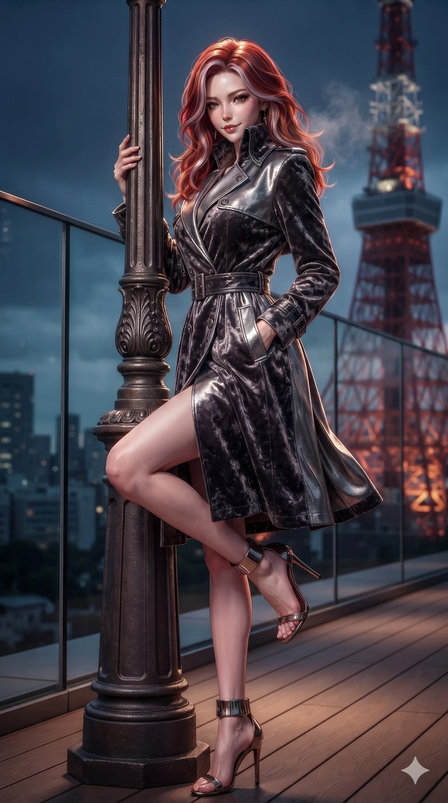 score_9, masterpiece, best quality, ultra-detailed, high-budget anime keyframe, editorial fashion photography, tasteful artistic composition, Caucasian woman. close-up cowboy shot from the waist and thighs up, the character dominates the composition, filling the frame with her large presence. leaning against a historic cast-iron lamppost with one knee bent, night mist drifting through her hair as her dark outfit traces her feminine curves while twisting her slender torso in an alluring contrapposto stance, night breezes fluttering her gown and tracing her narrow waist and curvy hips. The surrounding environment is rendered in vivid detail and crisp panoramic clarity: sharp seamless structural glass parapet seams, teak decking plank grain, and Tokyo Tower lattice steel precision in deep focus. She has an exceptionally elegant, slender, and willowy female figure with an ultra-slim waist, flat toned midriff, narrow ribcage, and sculpted feminine hips creating an alluring, slim hourglass silhouette without bulk. sharp v-shaped jawline, high-bridge nose, intricate jewel-like dark sparkling eyes with dangerous depth, thick curled eyelashes, glossy parted lips with a rich wine sheen, smoldering seductive half-smile with bedroom-eyes, exuding effortless superiority and intoxicating dark allure, flawlessly proportioned anatomical accuracy, strict slender model proportions, natural body alignment, perfectly sculpted long slender limbs, ultra-slim waistline, clean dynamic posture without body distortion. wearing a structured high-collar leather trench coat dress with waist-cinching belt and storm flap in metallic liquid silver and pitch black, tailored from crushed dark velvet with deep light-absorbing plush texture, complemented by strappy stiletto heels with metallic ankle cuffs accentuating her slender calves, the bespoke structured tailoring following the natural line of her 8.5-heads silhouette with refined elegance. illuminated by terrace accent uplights and sharp rose-gold rim lights sculpting her razor-sharp jawline, narrow waist, and curvy hips. ultra-reflective glossy finish, specular highlights, rich textural contrasts, high-contrast stereoscopic depth, volumetric dynamic lighting, 2k, ultra detail, master piece, 9:16 ratio