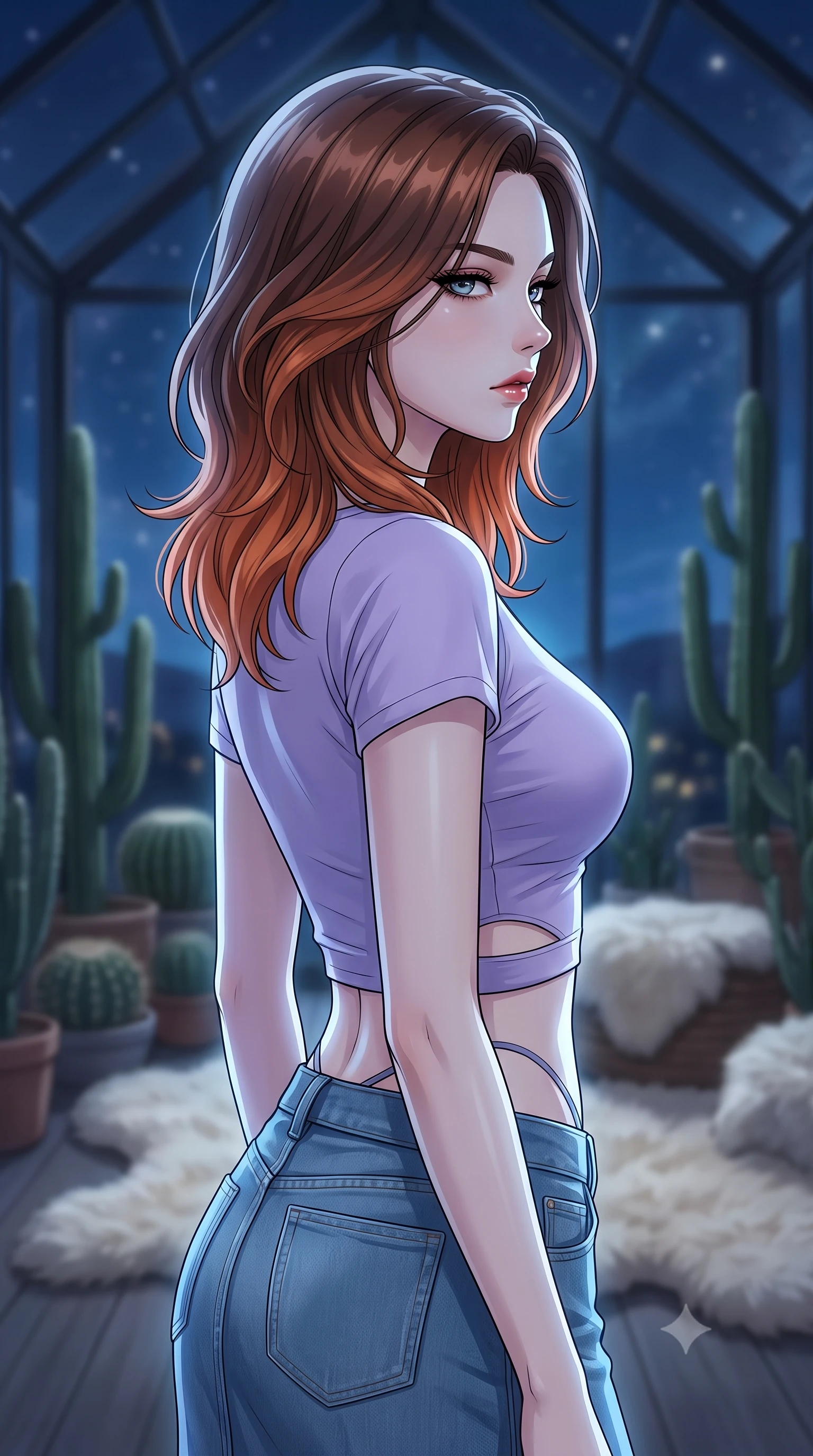 score_9, masterpiece, best quality, ultra-detailed, high-budget anime keyframe, tasteful artistic composition, Korean woman. close-up cowboy shot from the waist and thighs up, the character dominates the composition, filling the frame with her large presence, background elements kept in soft focus. turning her face in sharp profile, casting a cold, mysterious, yet intensely alluring side gaze, the background shows a soft-focus a glass-walled observatory filled with cacti and soft sheepskin rugs at night. She has an exceptionally elegant, slender, and willowy female figure with an ultra-slim waist, a gracefully sculpted slender torso, and a refined silhouette. sharp v-shaped jawline, high-bridge nose, intricate jewel-like eyes with depth, thick eyelashes, glossy lips with a natural sheen. wearing a tailored modern crop top in lavender cotton paired with a low-rise denim skirt and a subtle waist cut-out. soft silver moonlight wrapping her silhouette in a cool cosmic glow. highly saturated vibrant anime colors, cel-shading, 2d style, master piece, 9:16 ratio