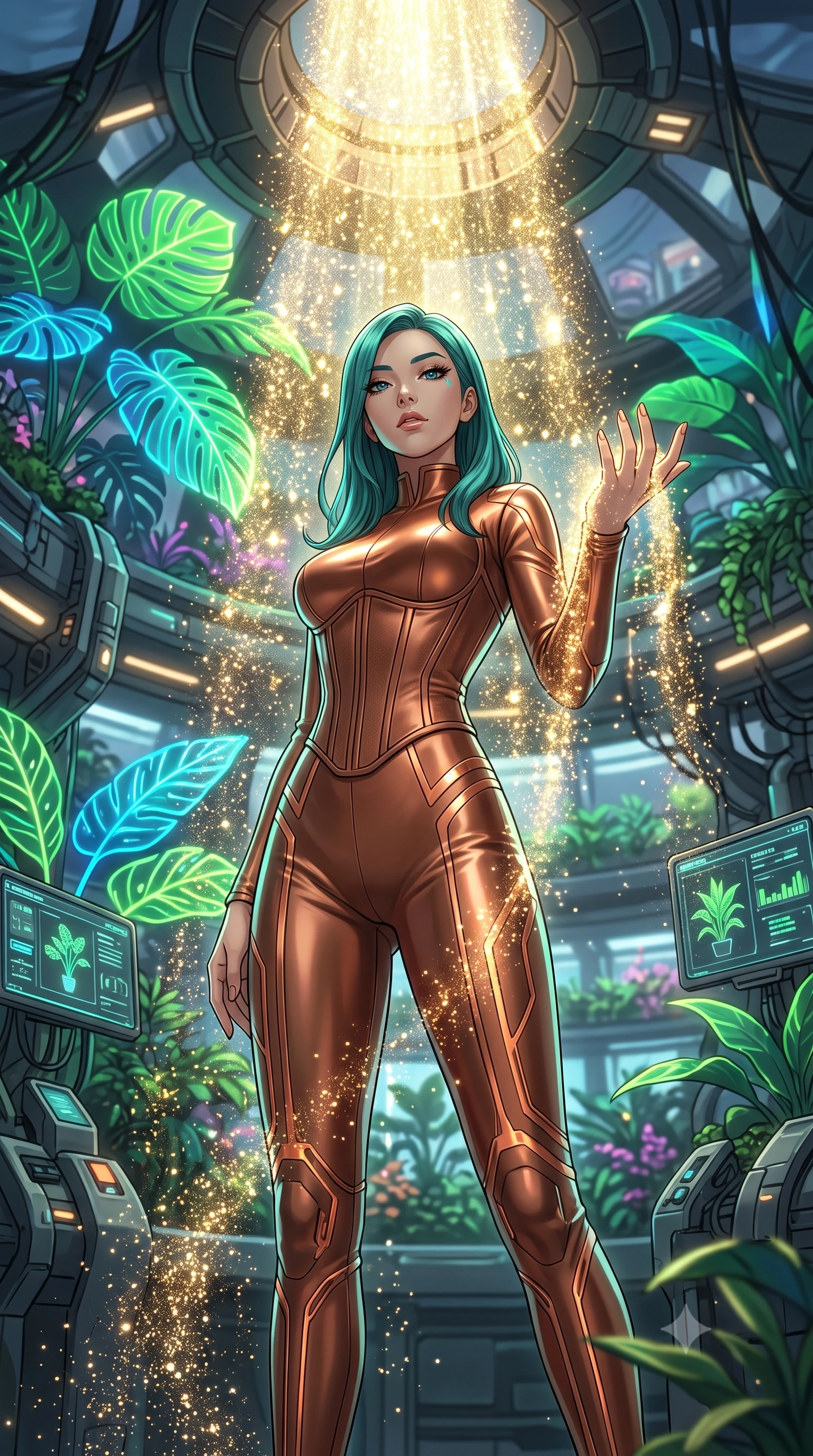 score_9, masterpiece, best quality, ultra-detailed, High-budget Anime Keyframe, East Asian woman. Low angle cowboy shot filling the entire 9:16 frame with her statuesque presence. Scenario 484: showering under a cascade of glittering gold stardust inside a cybernetic greenhouse filled with giant glowing tropical leaves. Her presence is magnetic and overpowering in this high-budget anime scene. Outfit 484: a slim-fit metallic copper matte vinyl catsuit layered over a structured corset bodice. The clothing is designed to emphasize her exceptionally tall and slender 8-heads proportion. 8-heads proportion, towering silhouette, ultra-slim waist. sharp v-shaped jawline, intricate jewel-like eyes with depth, thick eyelashes, glossy lips. 2k, ultra detail, master piece, 9:16 ratio
