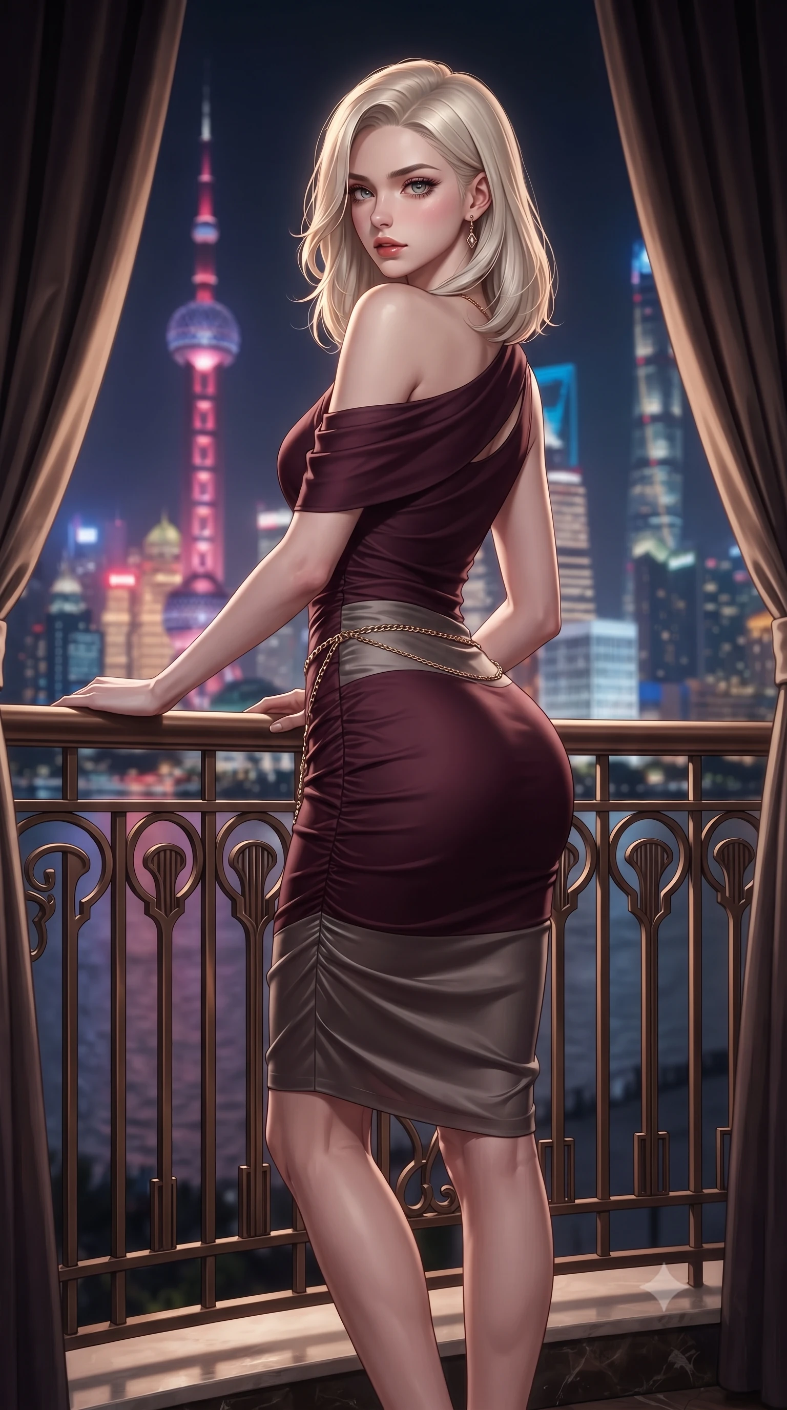 score_9, masterpiece, best quality, ultra-detailed, high-budget anime keyframe, editorial fashion photography, tasteful artistic composition, Caucasian woman. low angle full-body shot from head to toe showing her feet, filling the entire 9:16 vertical frame with her statuesque presence, stretching her vertical silhouette. posing with back turned slightly to the lens, glancing back with smoldering allure as she arches her lower back to emphasize her sculpted feminine hips and slender waist while leaning deep against the ornate art deco bronze balcony railing with hips cocked back, looking over her shoulder as Pudong's neon towers blaze across the river. The composition keeps background elements in soft focus with creamy bokeh. curved art deco glass windows and heavy velvet drapes softened in glamorous cinematic shallow focus. She has an exceptionally tall and slender model-like 8.5-heads proportion, an ultra-slim waist, a flat toned midriff, narrow delicate ribcage, and beautifully sculpted feminine hips creating a graceful, slim hourglass silhouette without any bulky heaviness, with impossibly long slender legs. sharp v-shaped jawline, high-bridge nose, intricate jewel-like eyes with depth, thick eyelashes, glossy parted lips with a natural sheen, intensely captivating and seductive bedroom-eyes expression, flawlessly proportioned anatomical accuracy, strict slender model proportions, natural body alignment, perfectly sculpted long slender limbs, ultra-slim waistline, clean dynamic posture without body distortion. wearing a form-contouring cocktail dress with an asymmetrical open shoulder and hip-defining ruching in deep wine burgundy and brushed dark platinum, made of fluid silk crepe with delicate inner corsetry boning, accented with a delicate gold chain belt resting loosely on her curvy hips, the second-skin form-contouring cut accentuating her sculpted flat midriff, narrow delicate ribcage, and gracefully curvy hips with supermodel precision. surrounded by a sovereign, enigmatic, and breathlessly seductive Shanghai heiress aura. ultra-reflective glossy finish, specular highlights, rich textural contrasts, high-contrast stereoscopic depth, volumetric dynamic lighting, 2k, ultra detail, master piece, 9:16 ratio