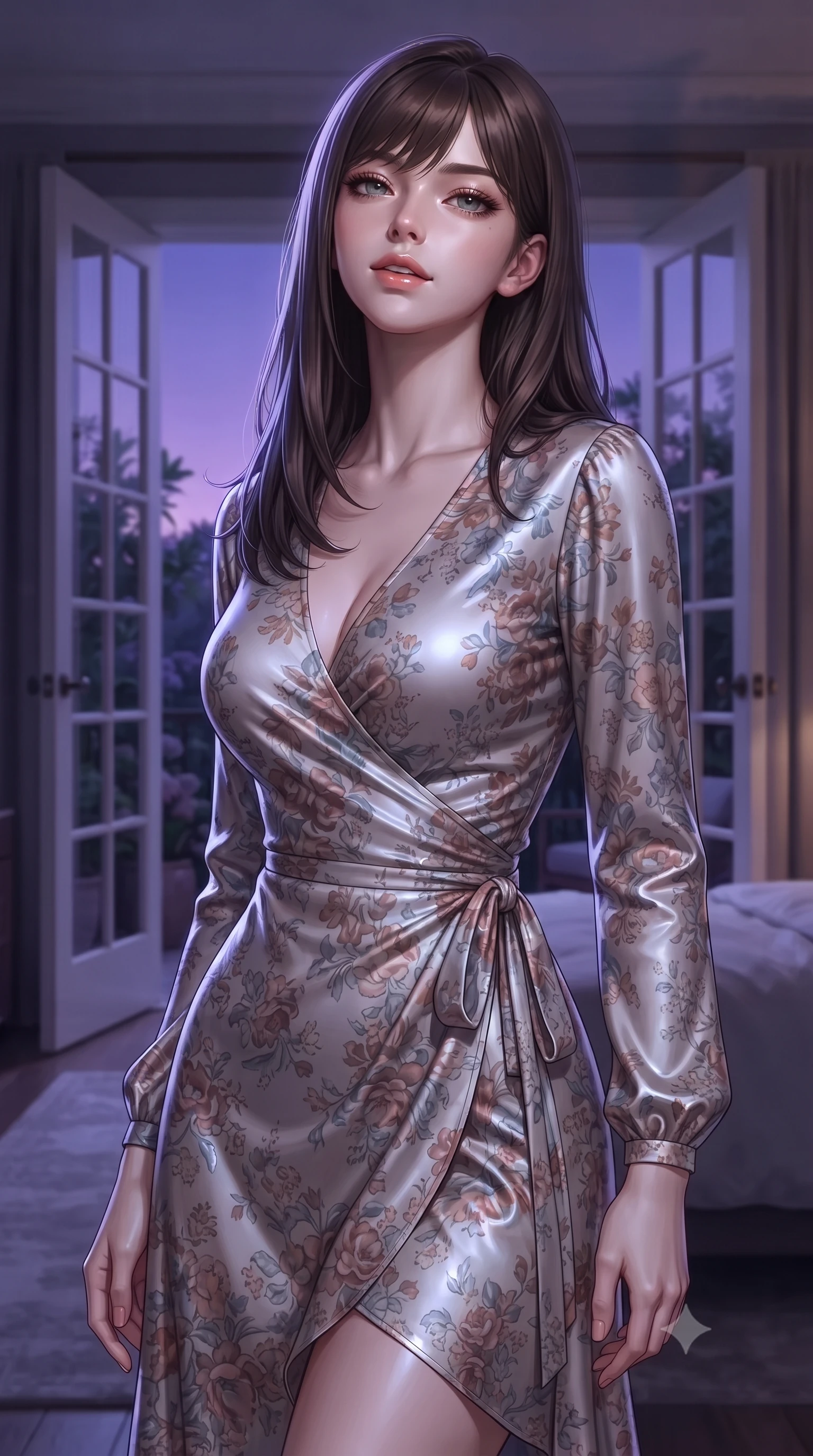 score_9, masterpiece, best quality, ultra-detailed, high-budget anime keyframe, editorial fashion photography, tasteful artistic composition, Korean woman woman. close-up cowboy shot from the waist and thighs up, the character dominates the composition, filling the frame with her large presence, background elements kept in soft focus. tilting her chin up slightly with lips parted in a composed, provocative expression the background shows a soft-focus a bedroom suite with double glass doors opening to a quiet botanical patio at dusk. She has an exceptionally elegant, slender, and willowy female figure with an ultra-slim waist, a gracefully sculpted slender torso, and a refined silhouette. sharp v-shaped jawline, high-bridge nose, intricate jewel-like eyes with depth, thick eyelashes, glossy lips with a natural sheen. wearing a form-contouring flowy floral-patterned wrap dress with long sleeves and a modest V-neck. deep violet twilight sky glow casting cool highlights on her form. ultra-reflective glossy finish, specular highlights, metallic sheen, high-contrast stereoscopic depth, volumetric dynamic lighting, 2k, ultra detail, master piece, 9:16 ratio