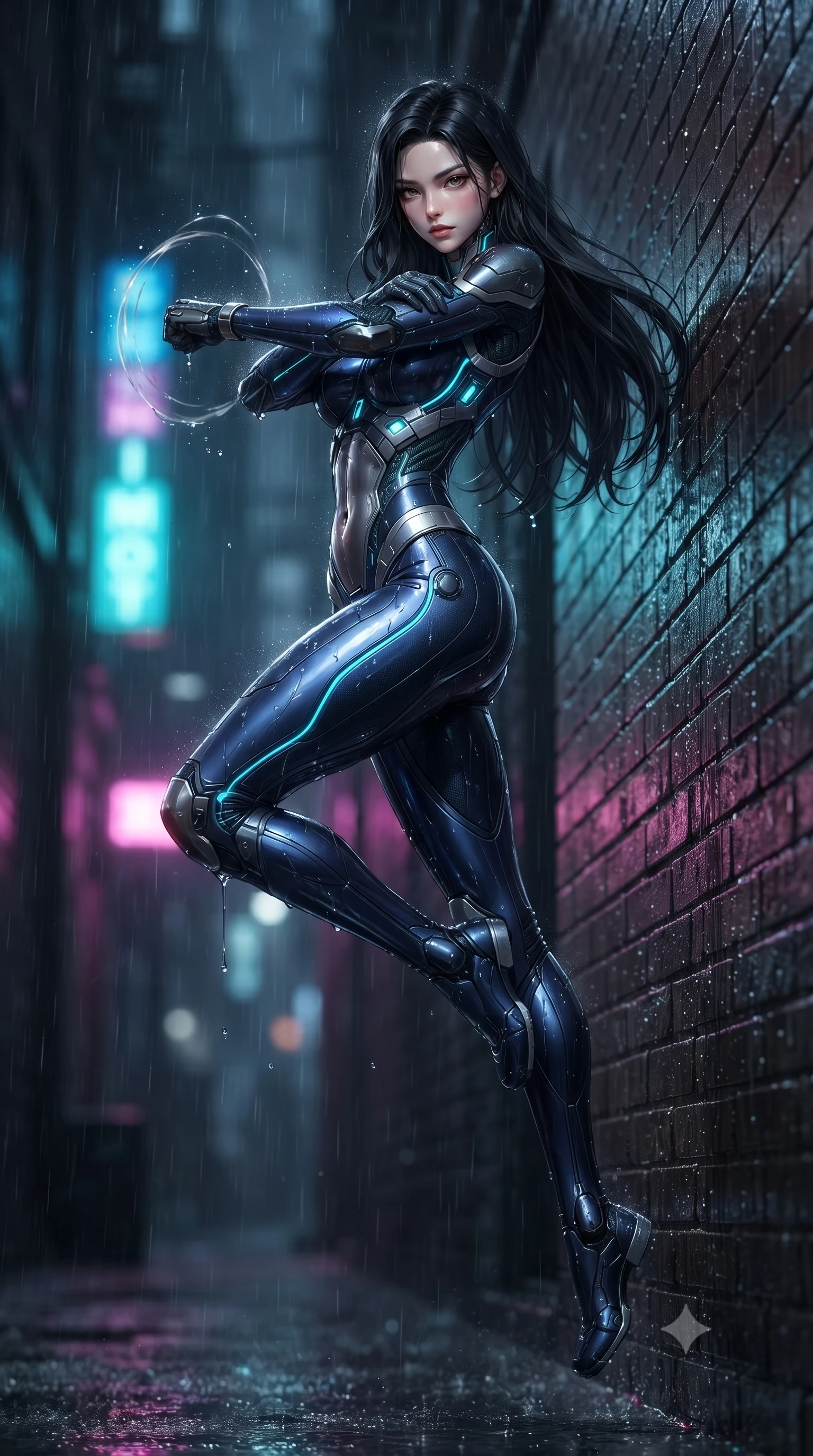 score_9, masterpiece, best quality, ultra-detailed, high-budget anime keyframe, editorial fashion photography, tasteful artistic composition, Korean woman. low angle full-body shot from head to toe showing her feet, filling the entire 9:16 vertical frame with her statuesque presence, stretching her vertical silhouette. leaping into mid-air with an athletic yet alluring arch of her spine, driving a downward kinetic strike surrounded by a ring of displaced air while leaning against a rain-streaked brick wall with arms crossed loosely, casting a smoldering, haughty gaze into the lens. The composition keeps background elements in soft focus with creamy bokeh. falling raindrops catching neon light motes across a dark noir backdrop. She has an absolutely perfect, statuesque 8.5-heads proportion, an exceptionally tall and slender model-like female figure with impossibly long slender legs, a toned flat midriff, and an ultra-slim waist. sharp v-shaped jawline, high-bridge nose, intricate jewel-like eyes with depth, thick eyelashes, glossy lips with a natural sheen, flawlessly proportioned anatomical accuracy, strict slender model proportions, natural body alignment, perfectly sculpted long slender limbs, ultra-slim waistline, clean dynamic posture without body distortion. wearing a statuesque midnight cobalt carbon-fiber battle-suit with platinum trim, reinforced kinetic palm plates, and an ultra-slim waistline in matte obsidian carbon black with electric cyan conduits, crafted from semi-translucent cybernetic carbon-vinyl interwoven with glowing micro-filaments, finished with high-mobility flexible limb seams and miniature magnetic armor locks, the form-contouring material adhering flawlessly to her sculpted flat midriff and slender torso, emphasizing her long leg lines and perfectly proportioned willowy build. illuminated by wet reflective highlights tracing her sculpted flat midriff, waist, and long legs. ultra-reflective glossy finish, specular highlights, dark metallic sheen, high-contrast stereoscopic depth, volumetric dynamic lighting, 2k, ultra detail, master piece, 9:16 ratio