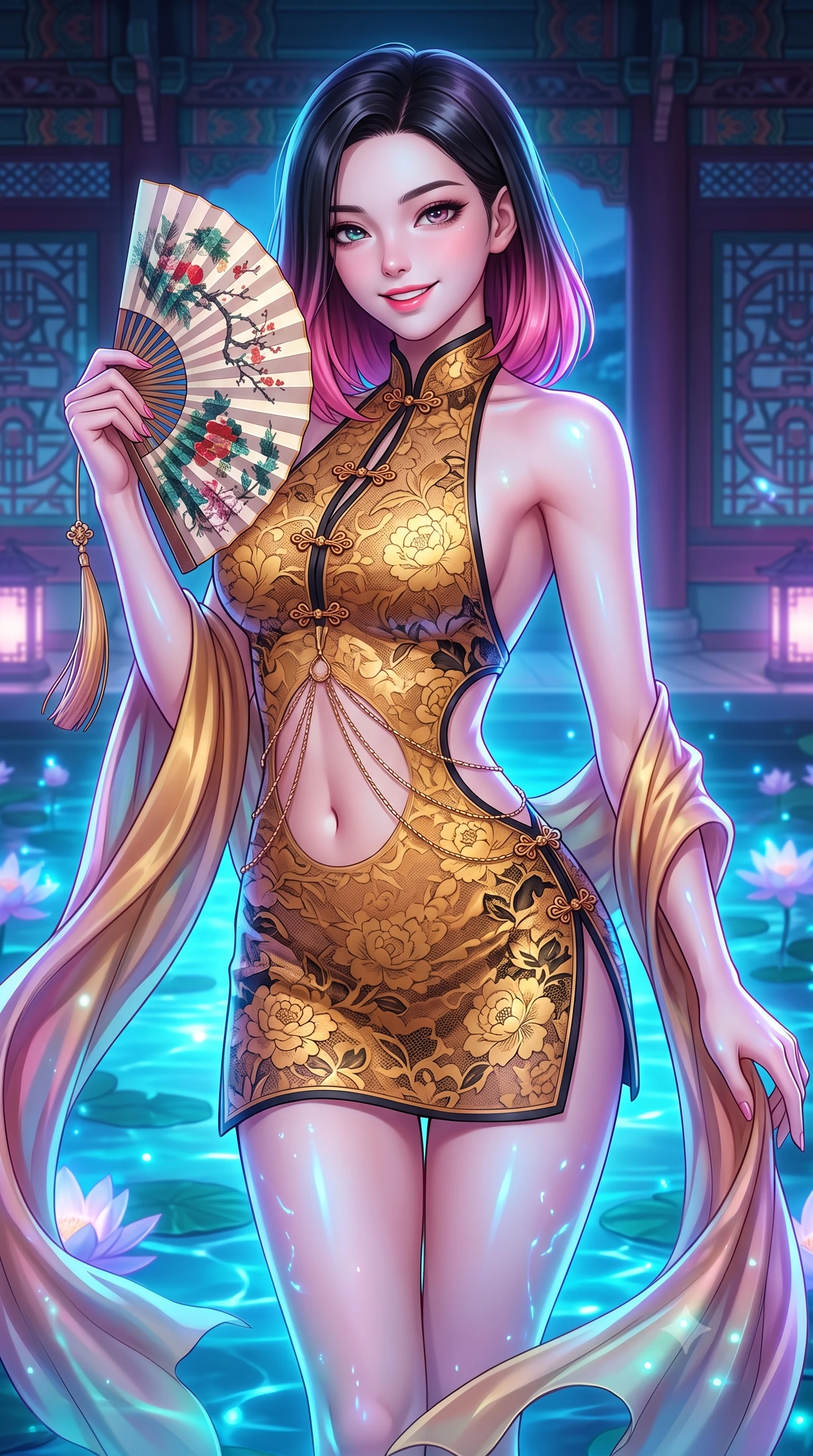 score_9, masterpiece, best quality, ultra-detailed, high-budget anime keyframe, semi-realistic 3D game render, editorial fashion photography, tasteful artistic composition, Korean woman. close-up cowboy shot from the waist and thighs up, the character dominates the composition, filling the frame with her large presence. playfully unfurling a painted silk fan toward the lens, her radiant smile capturing fresh girlhood charm while her arched torso reveals an intoxicating hip contour while twisting her slender torso in an alluring contrapposto stance, bioluminescent cyan and violet ripples tracing her narrow waist and curvy hips. The surrounding environment is rendered in vivid detail and crisp panoramic clarity: detailed flowing silk gown drape, bioluminescent reflections on skin, and sacred sanctuary architecture in razor-sharp precision. She has an exceptionally elegant, slender, and willowy female figure with an ultra-slim waist, flat toned midriff, narrow ribcage, and sculpted feminine hips creating an alluring, slim hourglass silhouette without bulk. sharp v-shaped jawline, high-bridge nose, intricate jewel-like dark sparkling almond eyes with depth, thick lashes, glossy parted lips with a natural rose-plum sheen, bright alluring and coquettish smile with bedroom-eyes, exuding both timeless oriental elegance and sovereign high-fashion allure, flawlessly proportioned anatomical accuracy, strict slender model proportions, natural body alignment, perfectly sculpted long slender limbs, ultra-slim waistline, clean dynamic posture without body distortion. wearing a backless halter qipao mini dress with delicate frog-button closures and side waist cutouts framing her hourglass curves in antique saffron gold and ebony black, woven from delicate semi-opaque floral lace with oriental peony patterns, accented with a delicate gold body chain draping loosely across her flat midriff, the high-waisted wrap tailoring accentuating her ultra-slim waistline and the enchanting curve of her feminine hips with alluring oriental charm. bathed in magical cyan and violet bioluminescent light radiating from the lotus pond. highly saturated vibrant anime colors, detailed shading with soft gradients, rich glossy textures, high-contrast stereoscopic depth, volumetric dynamic lighting, master piece, 9:16 ratio